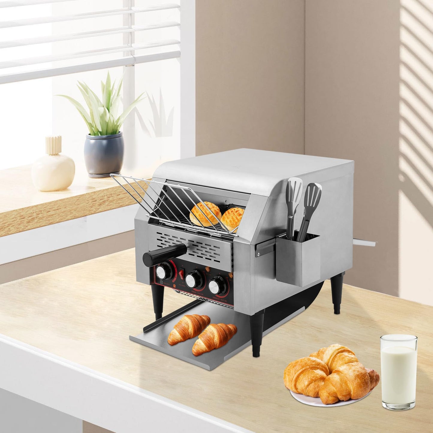Commercial Conveyor Toaster, 350Slices/Hour 1900W Stainless Steel Heavy Duty Industrial Toasters w/Three-ring Heating Tubes,Countertop Electric Restaurant Equipment for Bun Bagel Bread Baked Food