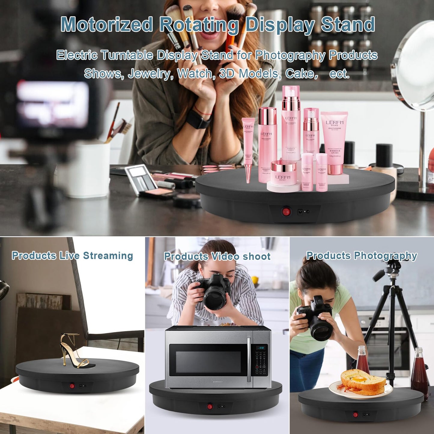 Motorized Rotating Display Stand, 360 Degree Automatic Rotating Display Stand, Angle Speed Adjustabl Turntable for Big Size Products Potography Live Video Show Black/ 20.5inch /330Lbs Load/Wired
