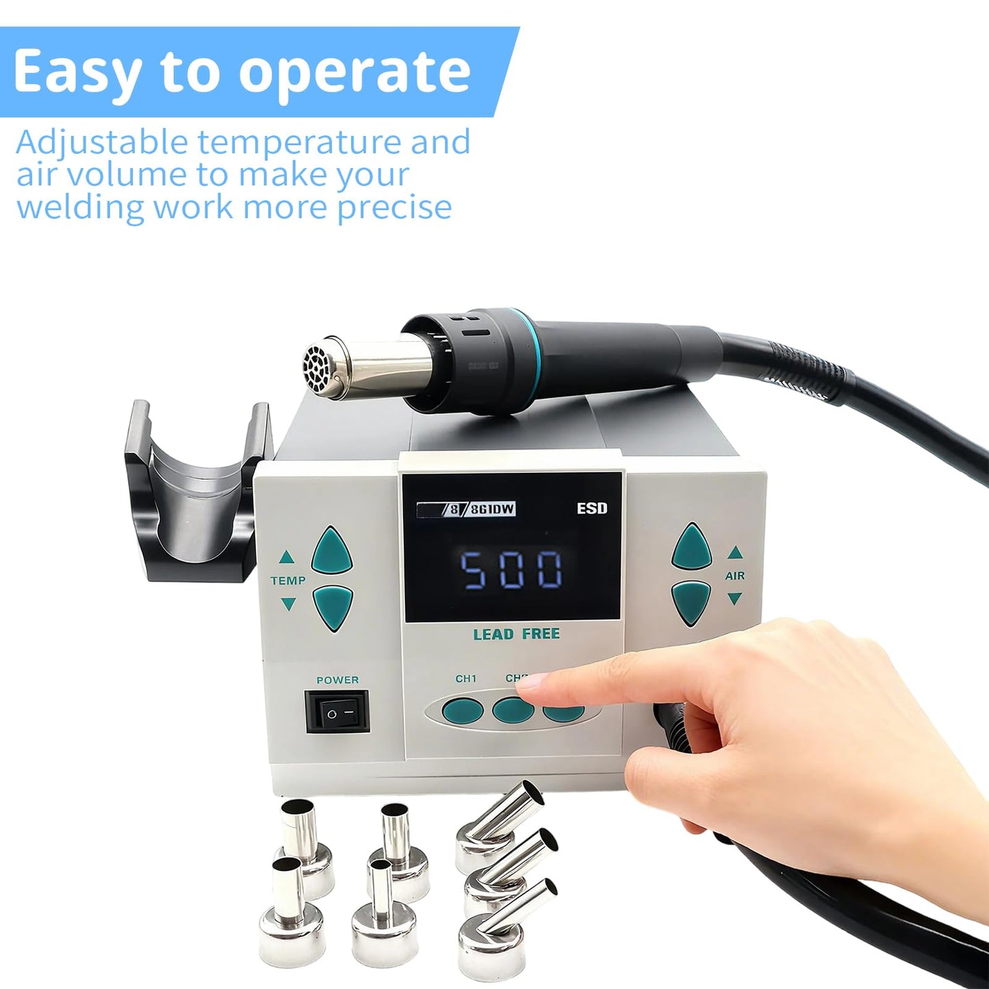 Hot Air Station, 861DW Hot Air Rework Station 110V 1000Watt Digital Display Automatic Sleep Adjustable Temperature Hot Air Soldering Station for Miro Soldering Rework with 7PCS Free Nozzles