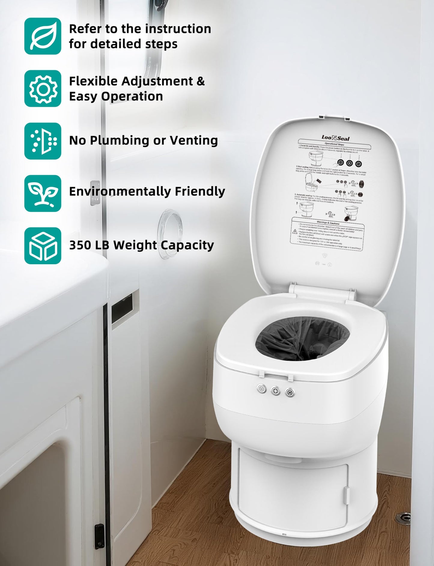Modiwell Dry Flush RV Toilet, Waterless Self-Contained Rechargeable Sealing Toilet, Easier to Use, Ideal for RVs - Loo Seal R1808