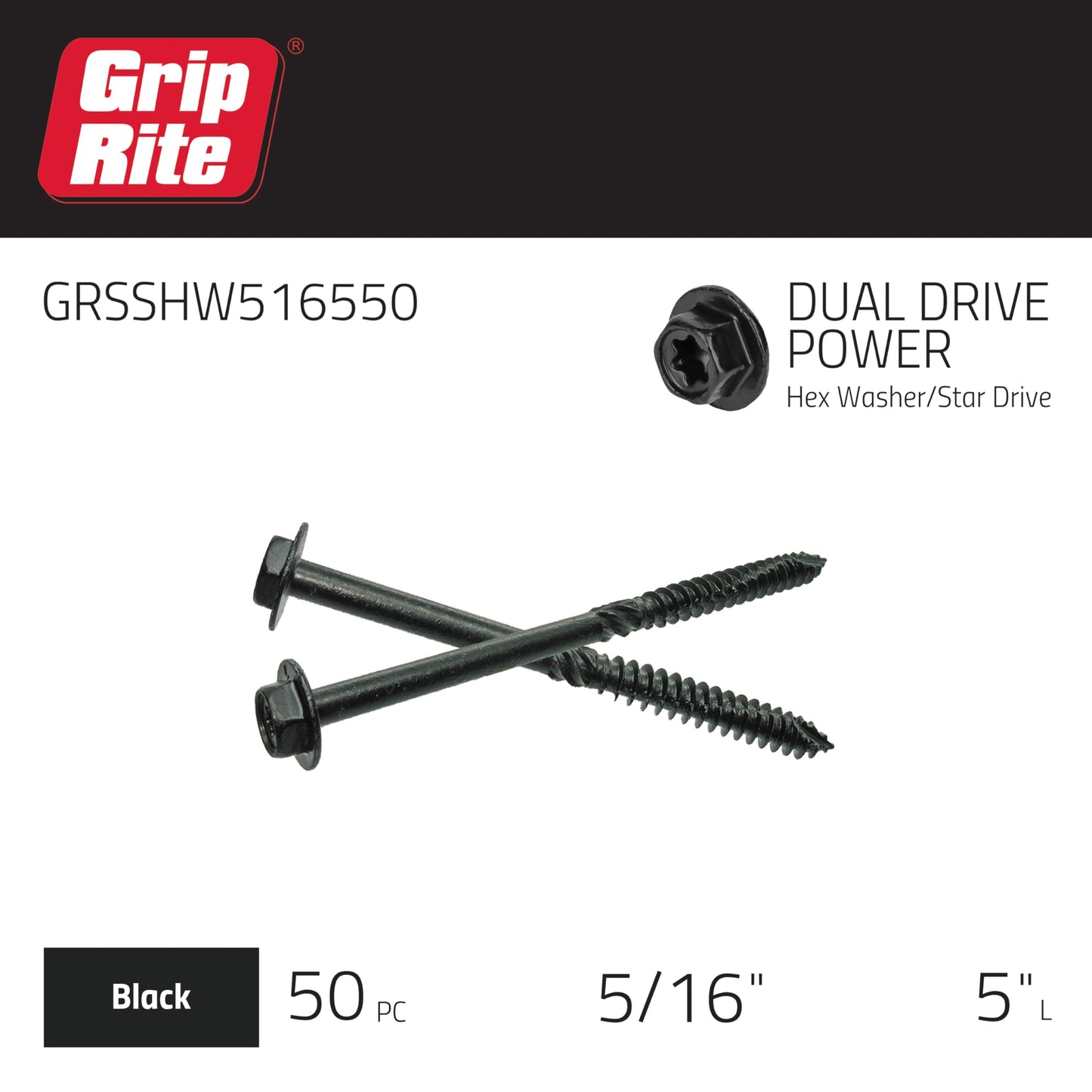 Grip-Rite Structural Screws for Exterior Structural Applications - with PrimeGuard Plus Coating - Coarse Thread Wood Screws - Hex Washer Head - 5/16" x 5" - 50 Count - GRSSHW516550