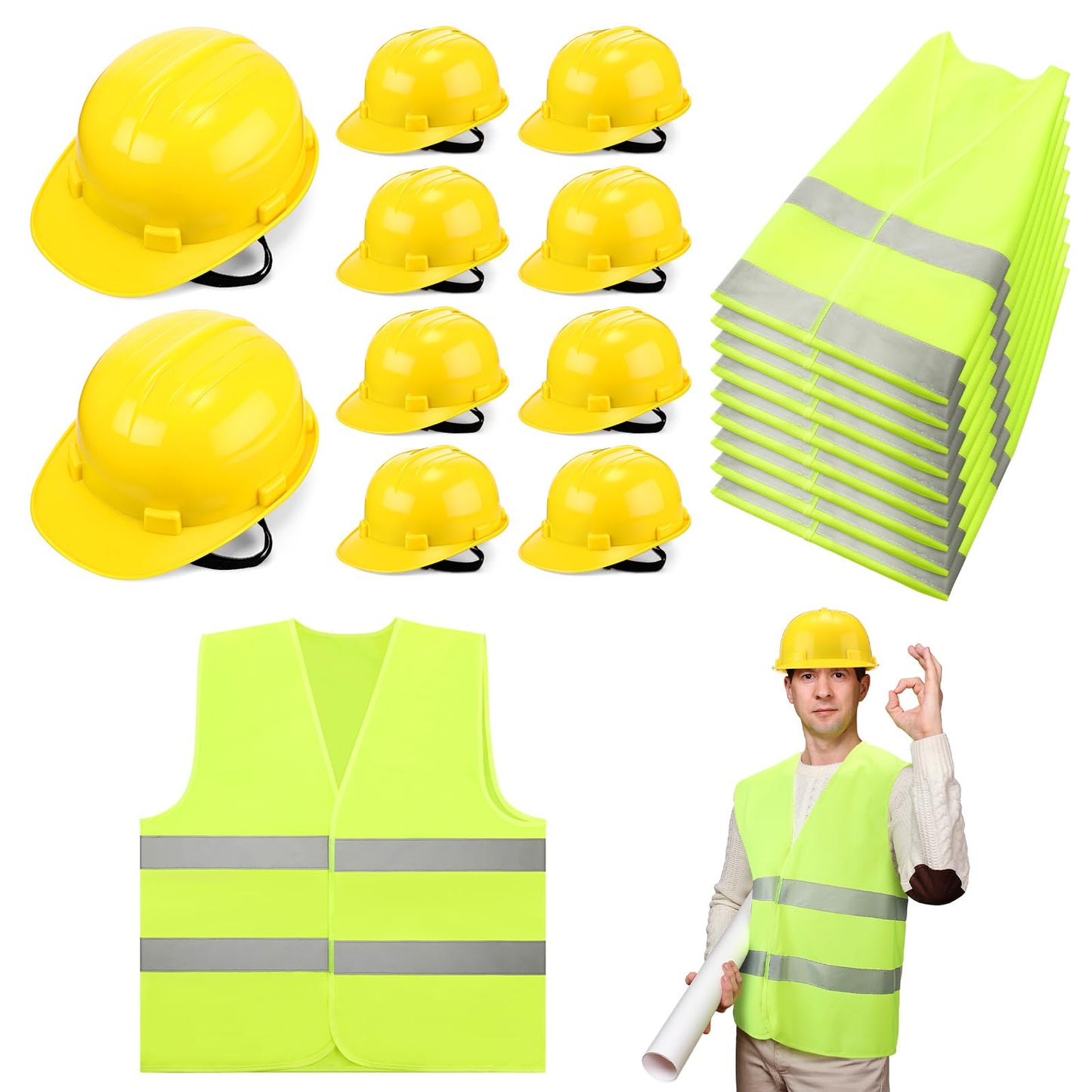 10 Sets Hard Hats and Safety Vest in Bulk Safety Helmet Construction Hardhat Multi Pack Cap Style Self Adjusting for Men Women(Neon Green, Yellow)