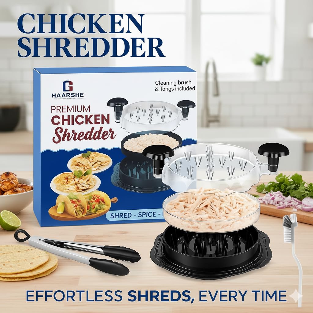 Large Chicken Shredder with Cleaning Brush & Tong 10'' Pro Chicken Shredder Tool Twist Large Stable Anti-Slip Ergonomic Handle, Removable Tray, Dishwasher Safe, BPA Free