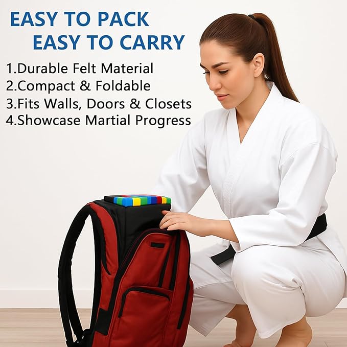 Karate Belt Display Rack 12 Belts Holder, High-Density Felt Fabric Taekwondo Belt Display with Reinforced Elastic LoopsTaekwondo, Martial Arts Belt Display Wall Mount Felt Foldable