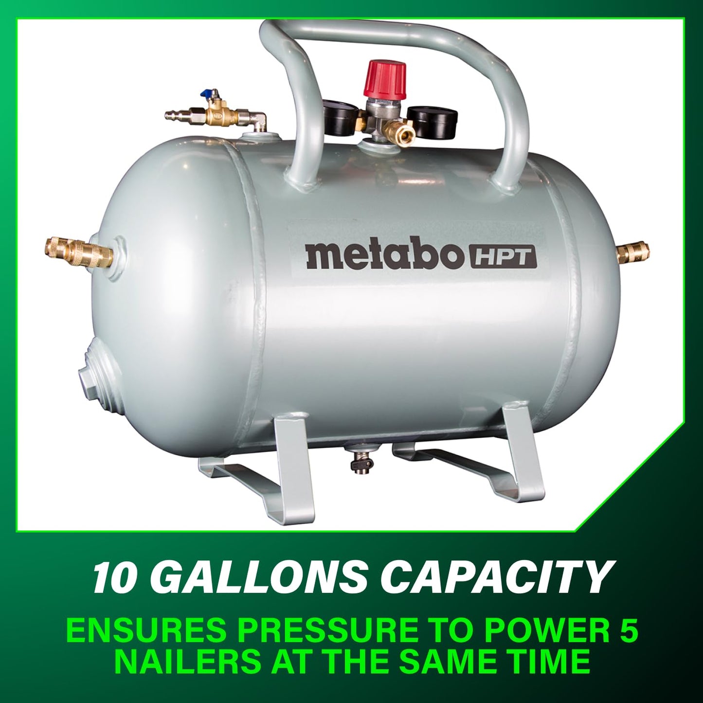 Metabo HPT Reserve Air Tank, High Capacity 10 Gallon Air Tank, ASME Certified, 5 Quick Connect Couplers, Industrial Pressure Gauges, Angled Steel Legs for Stability, UA3810AB