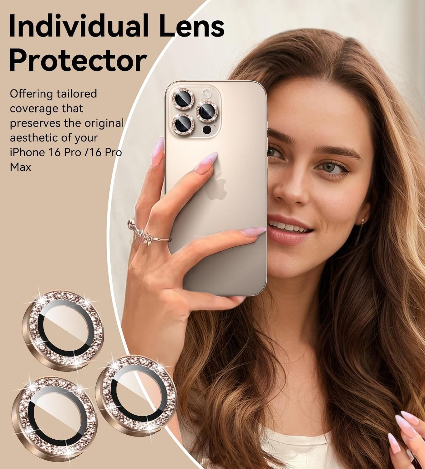 16 16 Matekxy for iPhone Pro/iPhone Pro Max Camera Lens Protector Glitter, Anti-Scratch Bling Ring Cover, Cute Girly