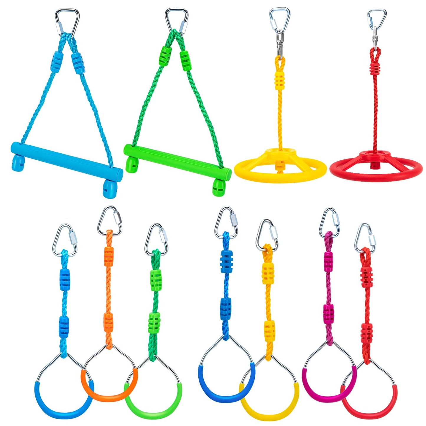 VECKYJL Ninja Warrior Obstacle Course Attachments - 7 Monkey Rings, 2 Monkey Bars, 2 Ninja Wheel, Backyard Obstacle Course Set Accessories for Backyard Outdoor Training