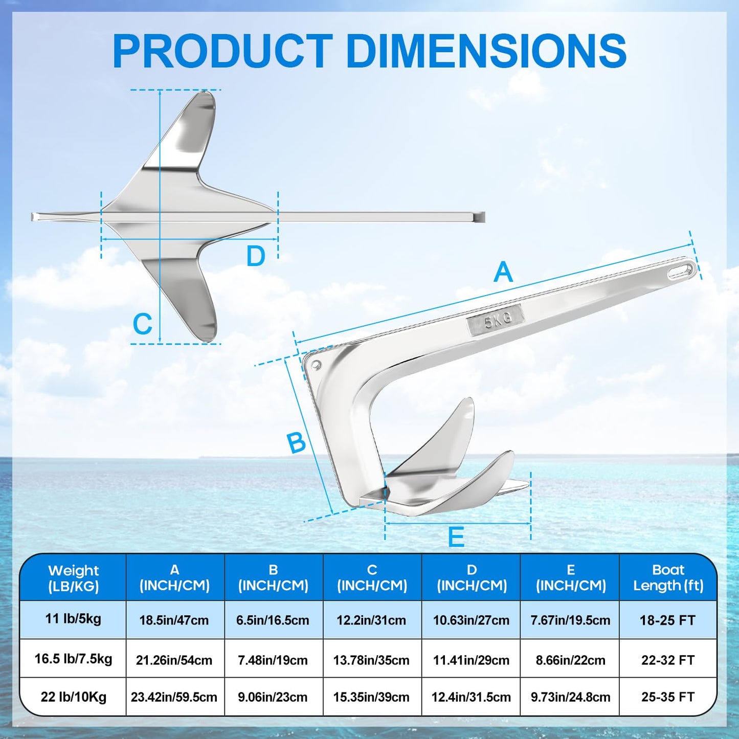FUCNEN 316 Stainless Steel Bruce Style Claw Anchor with Mirror Polish Marine Grade 5 kg/11 lb Boat Anchor for Sailboats, Fishing Boats, Pontoon, Bass Boats, Sport Boats