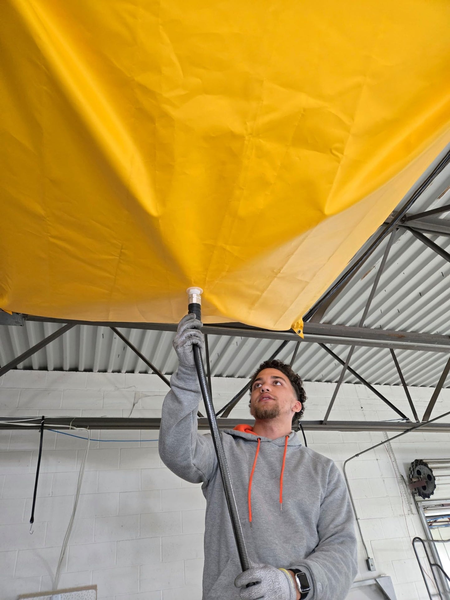 Justrite Ceiling Leak Diverter Tarp with Hose Connection and Corner Grommets, 7' x 7' Puncture-Resistant and Watertight PVC-Coated Fabric, for Temporary Leak Fix, Made in The USA, Yellow, 28304
