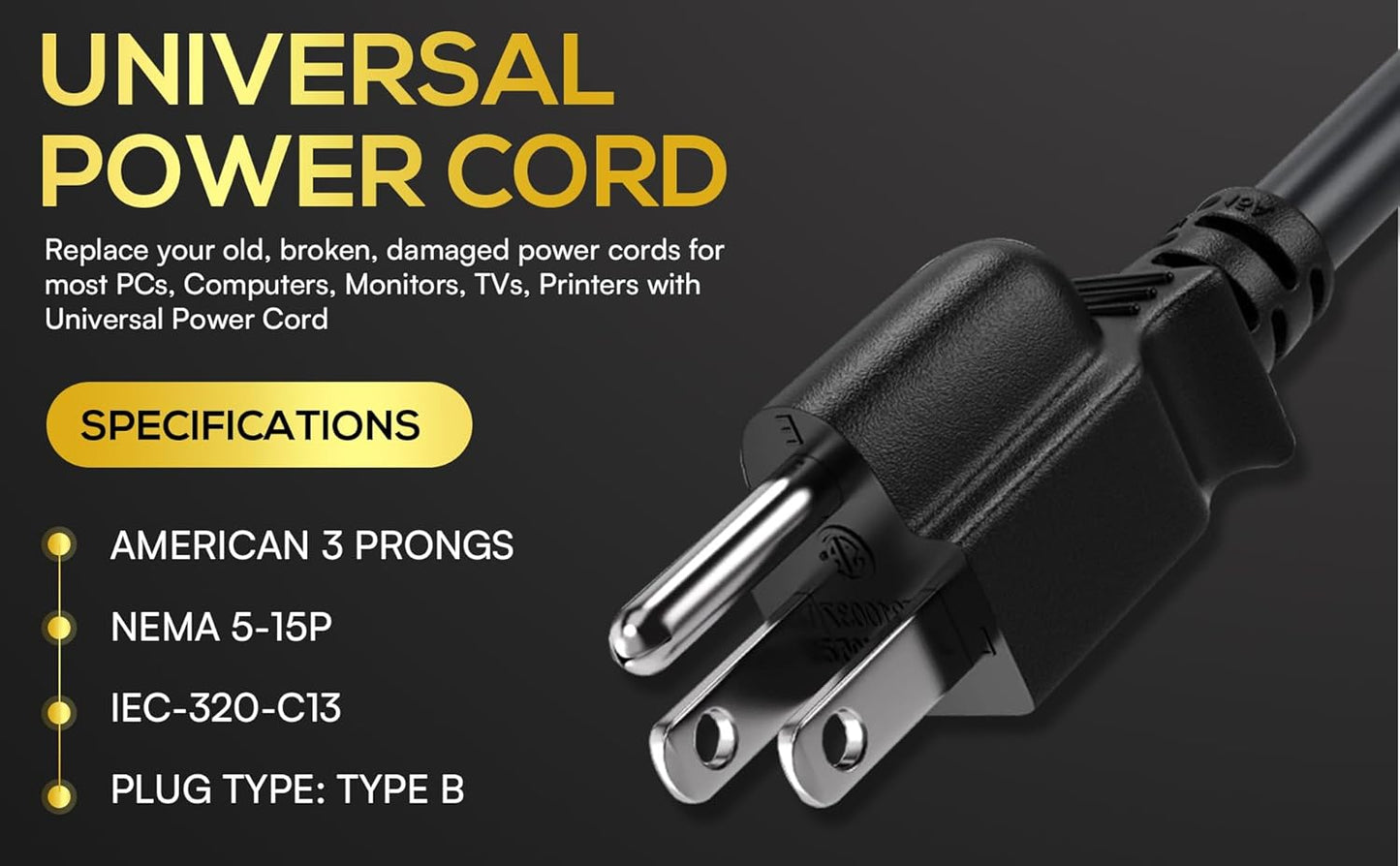 Cable Leader 4ft 14AWG 5-15P C13 3-Prong Computer Power Cord, NEMA to IEC AC Power Cable, Heavy Duty Replacement Power