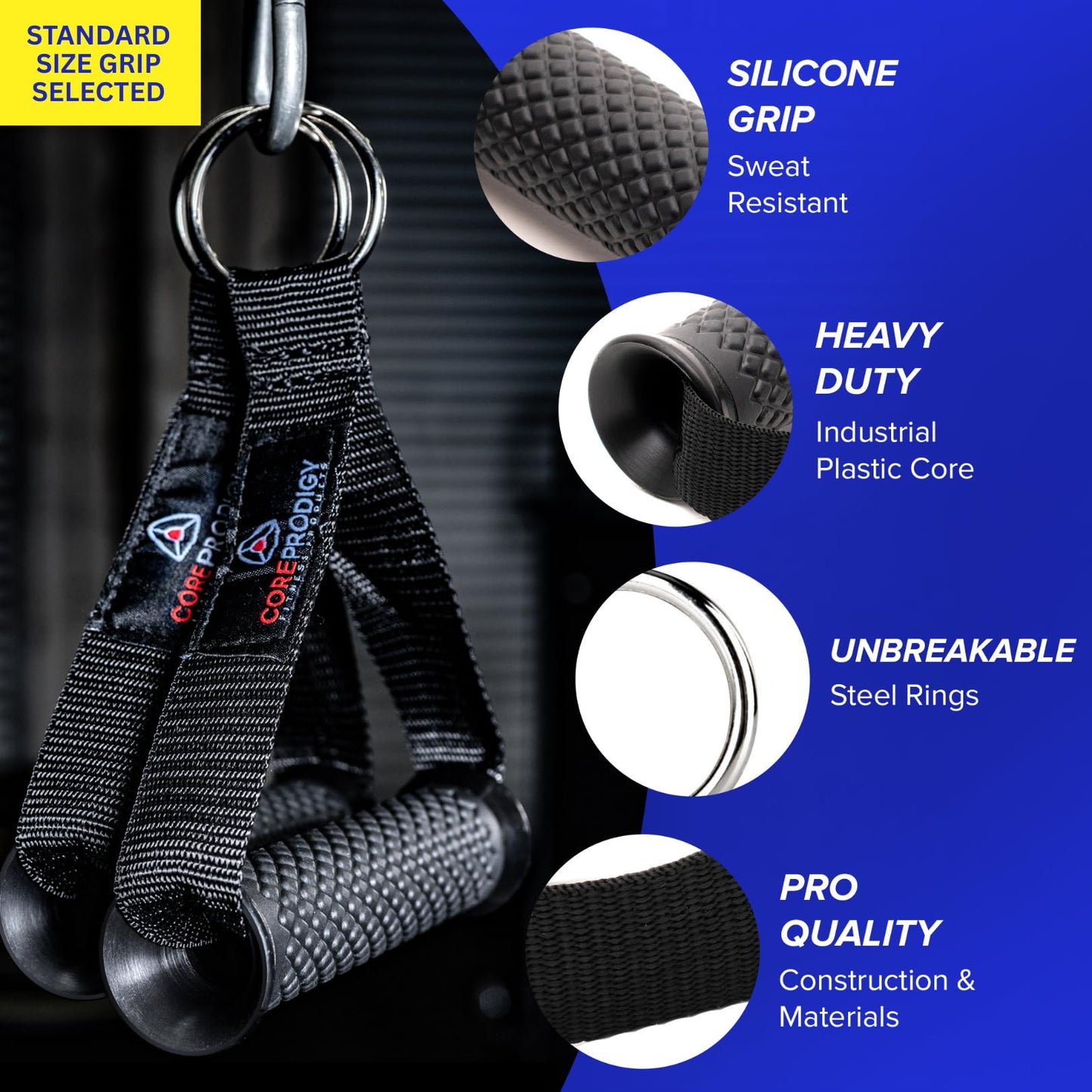 Core Prodigy Heavy Duty Exercise Handles - Grip Attachments for Cable Machine Pulleys, Gym Equipment, Resistance Bands, and Weight Lifting (Standard)