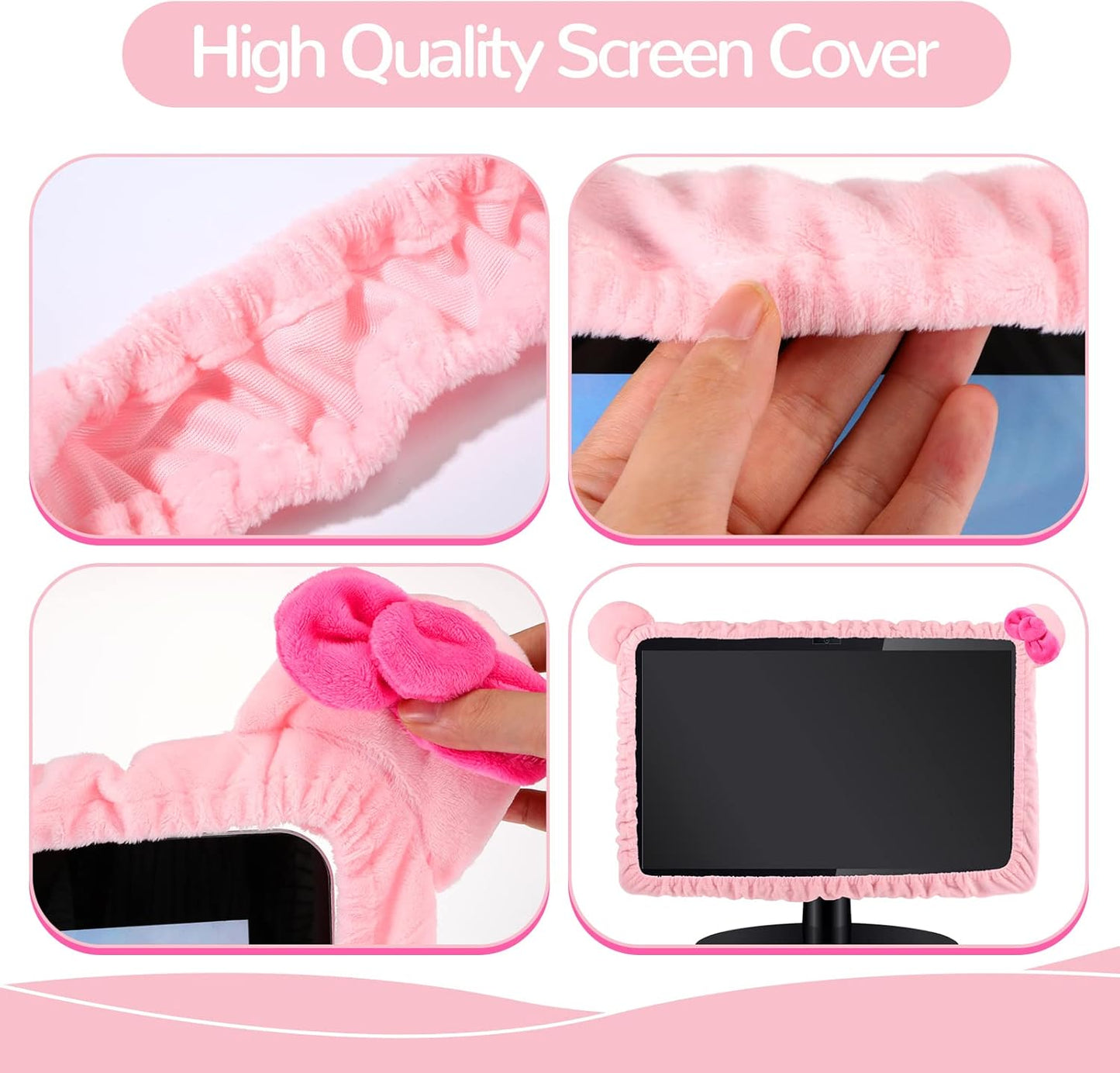 2 20''-29'' Remagr Pcs Kawaii Computer Monitor Cover with Cat Ear Design, Furry Cute Pink Monitor Dust Cover Protector