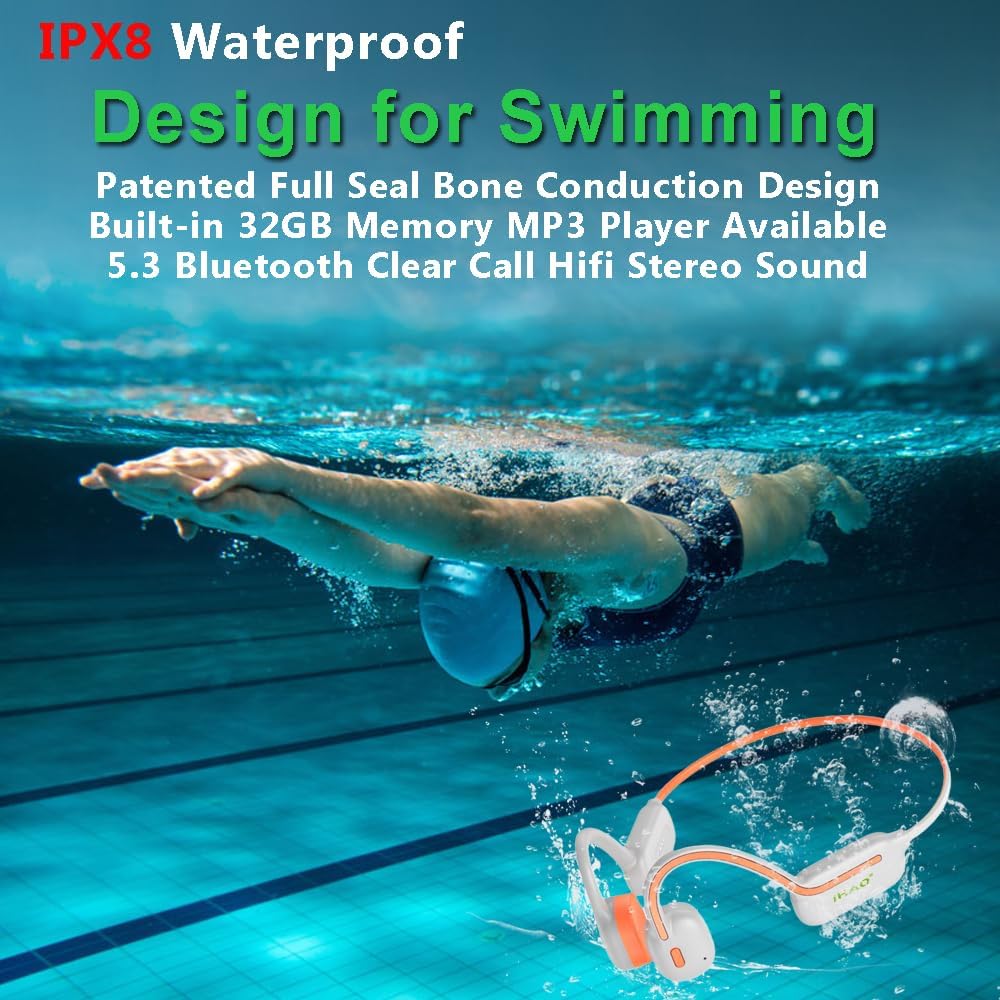 Swimming Headset MP3 32G IP68 IHAO Headphones True Bone Conduction Open Ear Player Built-in Memory Underwater