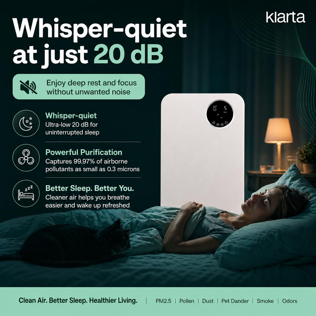 Klarta Air Purifier for Home - HEPA Smart WiFi App - Ultra Quiet 20 dB - Removes Allergens, Smoke & Odors - 99.97% Particle Filtration - Up to 1237 ft² - Klarta Forste Wood Black