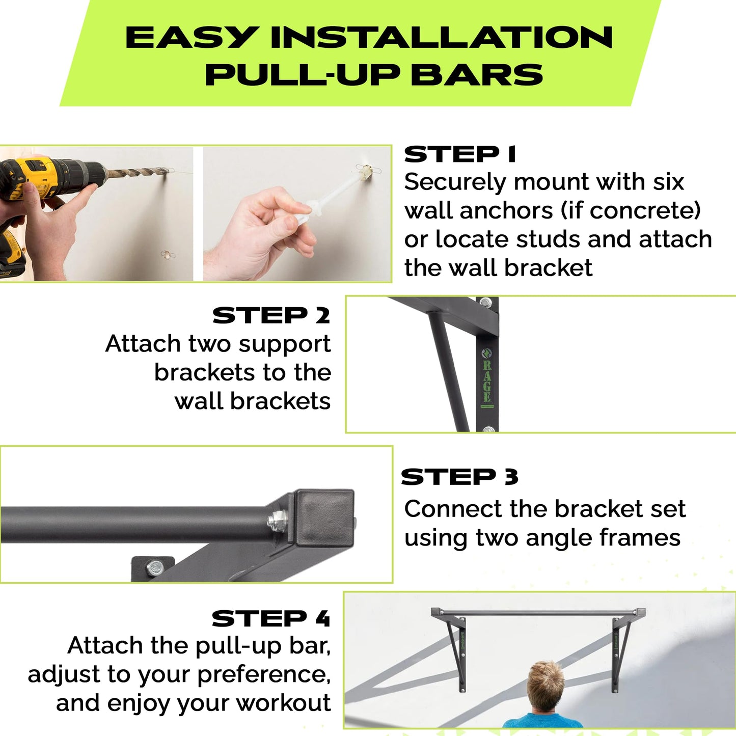 Rage Fitness Heavy-Duty Wall Mounted Pull Up Bar - 500 lbs Weight Capacity | Maintain Upper Body Strength & Core Stability | Space Efficient Steel Chin Up Black Bar for Home & Gym Versatile Workouts