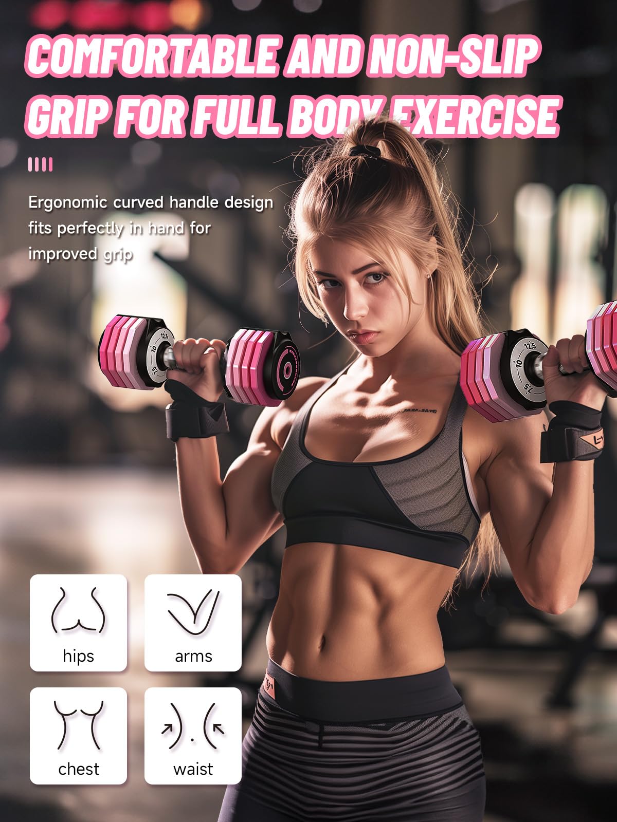 Motion Space Adjustable Dumbbells Set 12.5LB Pair, 1-Sec Fast Adjustable 5 Free Weights, Premium Comfort Non-slip Metal Handle, Compact Size for Full Body Home Workout (Pink)