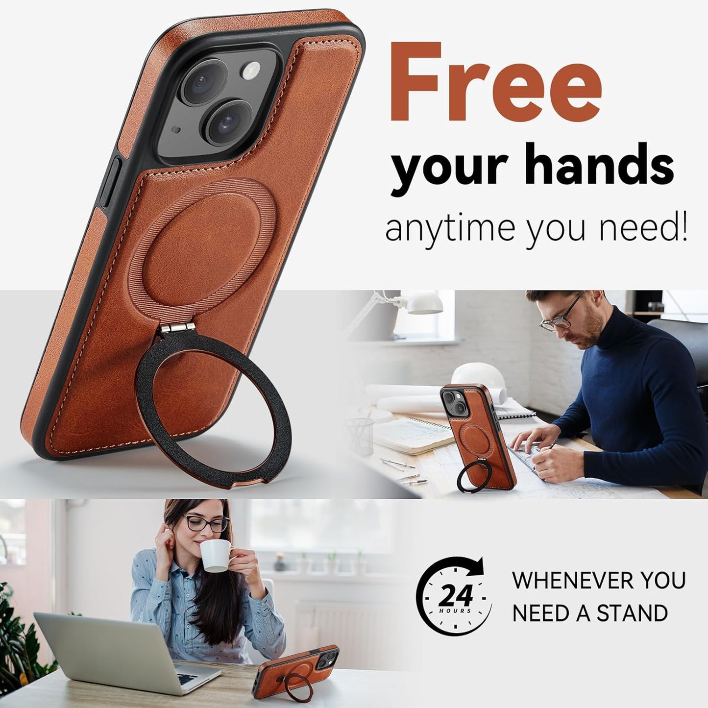 CHEEWADA 15 6.1", for iPhone Case with Stand Compatible with Magsafe Slim PU Leather & Durable TPU Drop Proof Magnetic