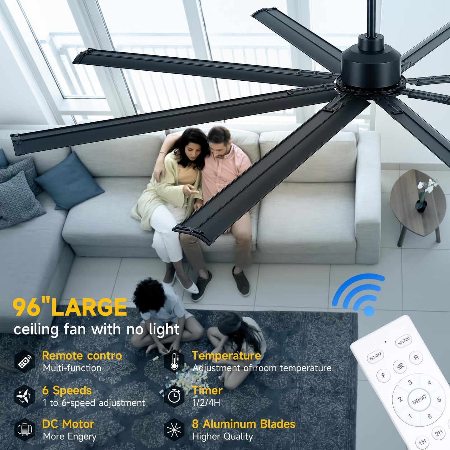 ZOEYON 96 Inch Industrial Ceiling Fan - Large Ceiling Fan with DC Motor, 3 Downrods, 6-Speed Remote Control, 8 Reversible Aluminum Blades, Black Commercial Ceiling Fans for Shop/Gym/Warehouse/Garage