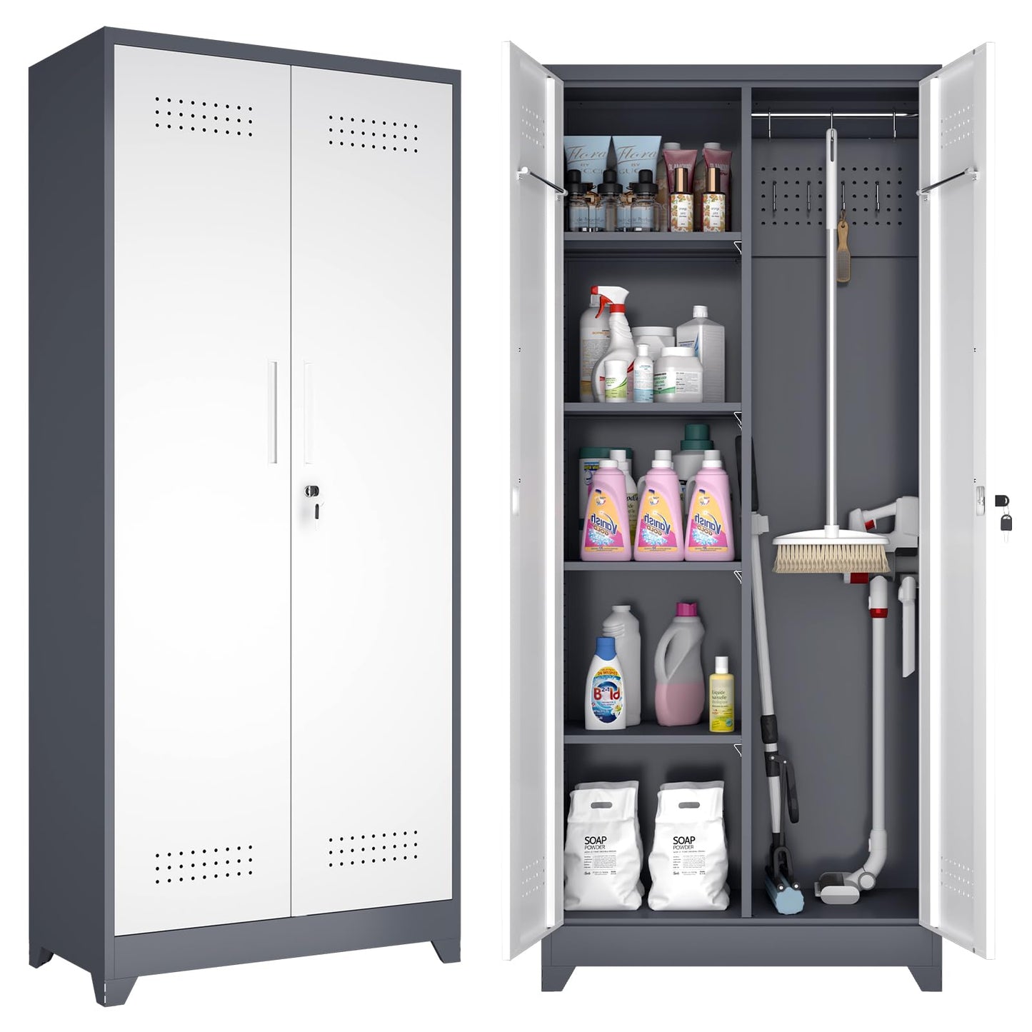 GREATMEET Metal Garage Storage Cabinet, 73" H Broom Closet Storage Cabinet, Locking Utility Cabinet with Doors and Shelves for Garage, Home, Grey White