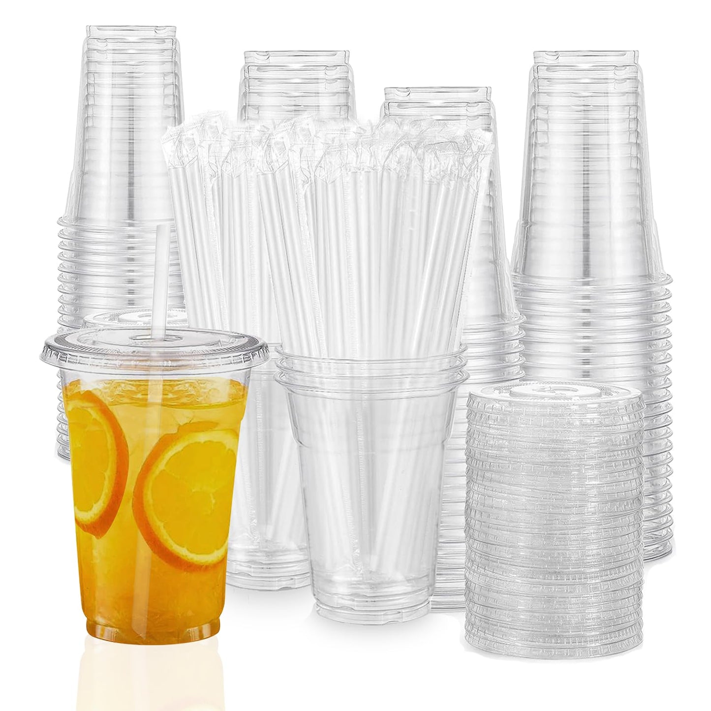 TashiBox TahiBox Plastic cups with lids and straws 16 oz 100sets [100 cups & 100 flat lids & 100 straws],clear crystal disposable iced coffee cups with lids