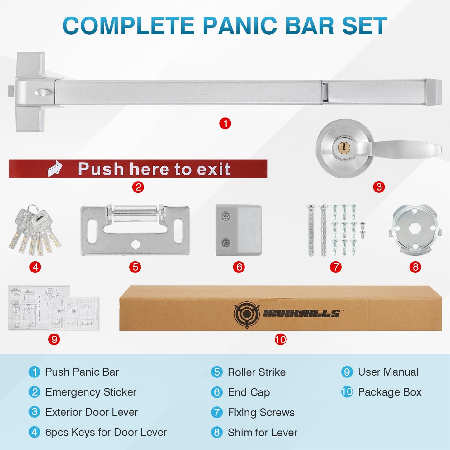 IRONWALLS 32 Inch Panic Bars for Exit Doors, Commercial Emergency Exit Push Bar Panic Exit Device with Exterior Lever Trim for 32" to 48" Wood Metal Door, Heavy Duty Steel Panic Door Hardware, Silver