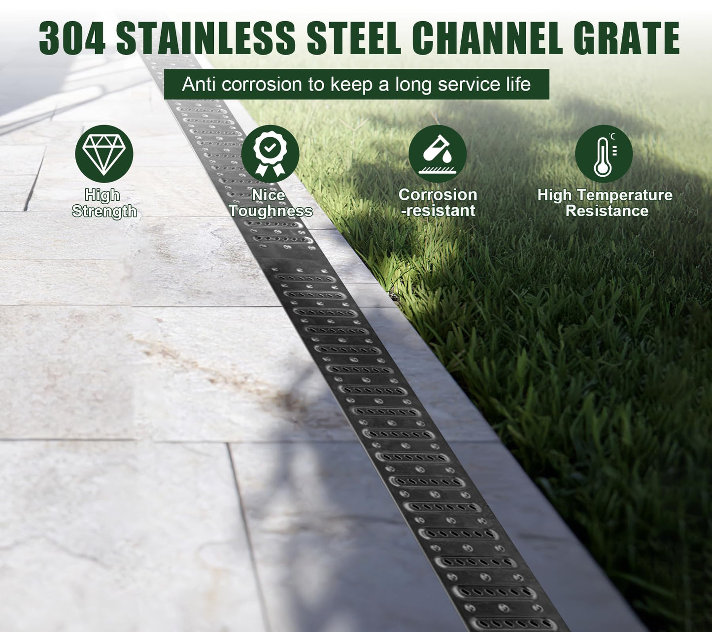 Natotela Channel Drain with 304 Stainless Steel Grate-39.4Lx6.1Wx5.5H in. Deep Profile Trench Drain System for Landscaping,3 Pack Total Length 118.2in,A15 Drainage System for Patio Commercial