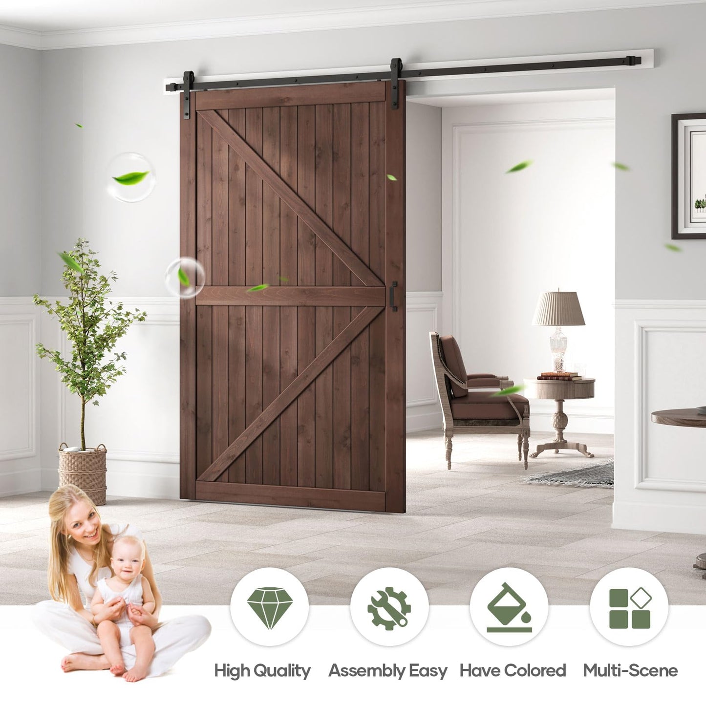 ROYMELO 60x96 inch Sliding Barn Wood Door Slab with 10ft Hardware Kit and Handle, Coffee, K Shape, Simple DIY Assembly