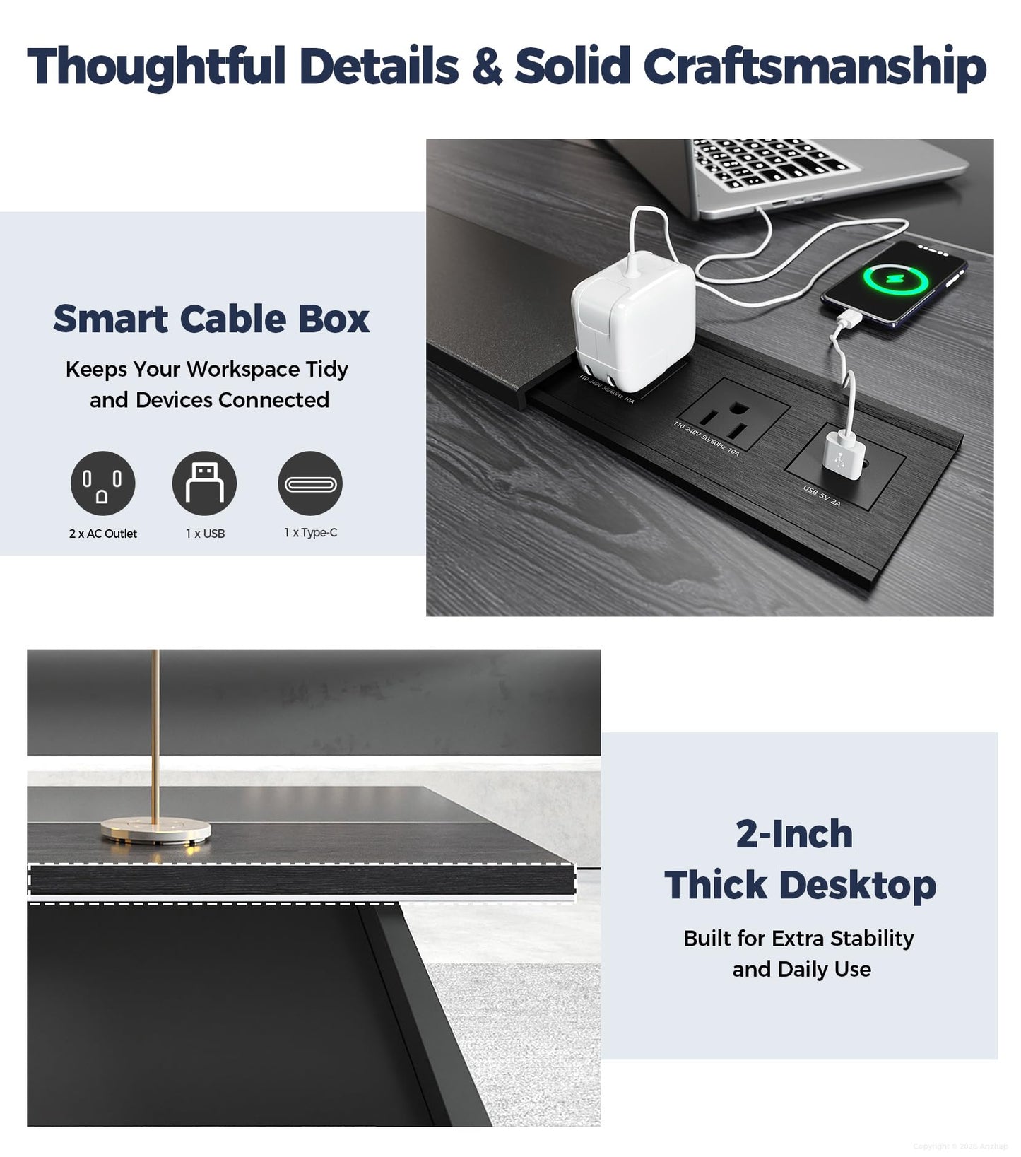 Anzhap 87" Executive Office Desk with Power Outlets & USB Ports, L-Shaped Executive Computer Desk with Drawers, Enclosed Cabinet, Ventilated CPU Compartment (Right Return, 87" L x 63" W x 30" H)