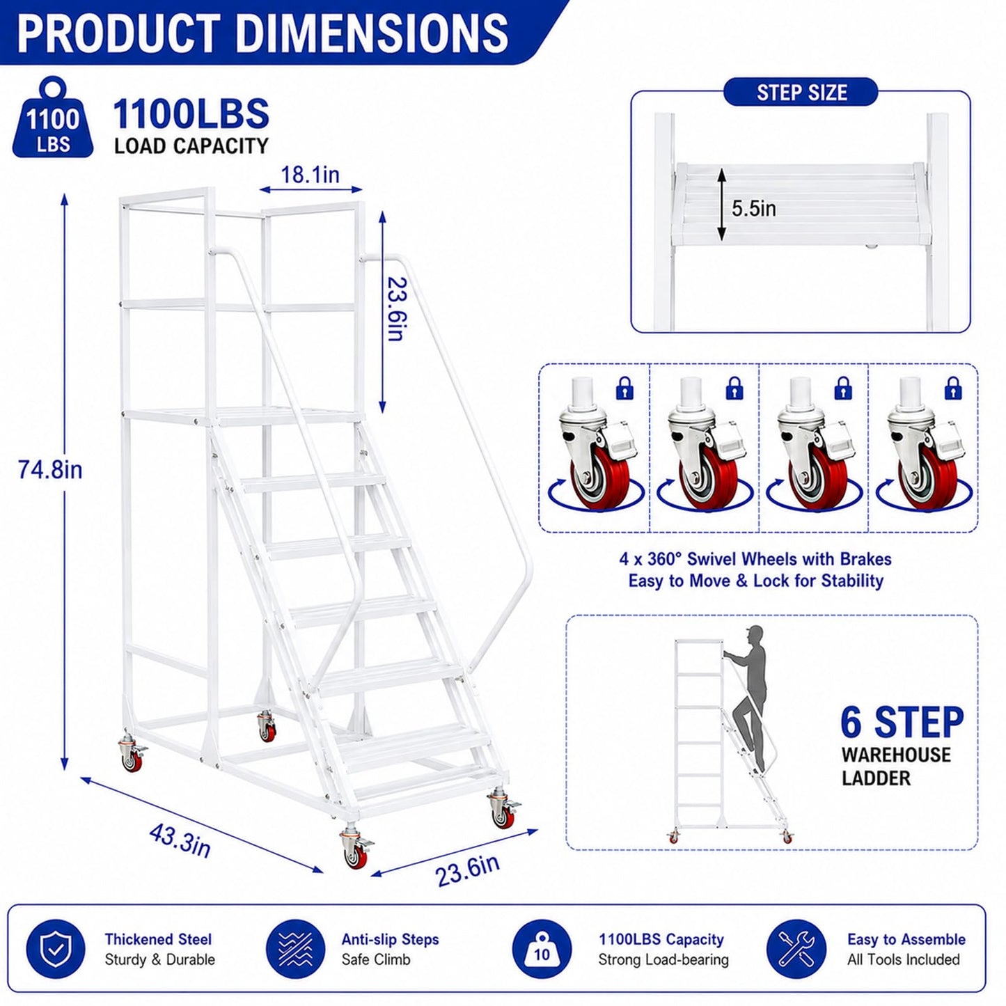 6-Step Rolling Warehouse Step Ladder, Lockable Wheels, Non-Slip Wide Steps, Dual Handrails, Movable Platform Ladder, Rolling Stairs for Warehouse, Supermarket, Library (White, 6 Steps)