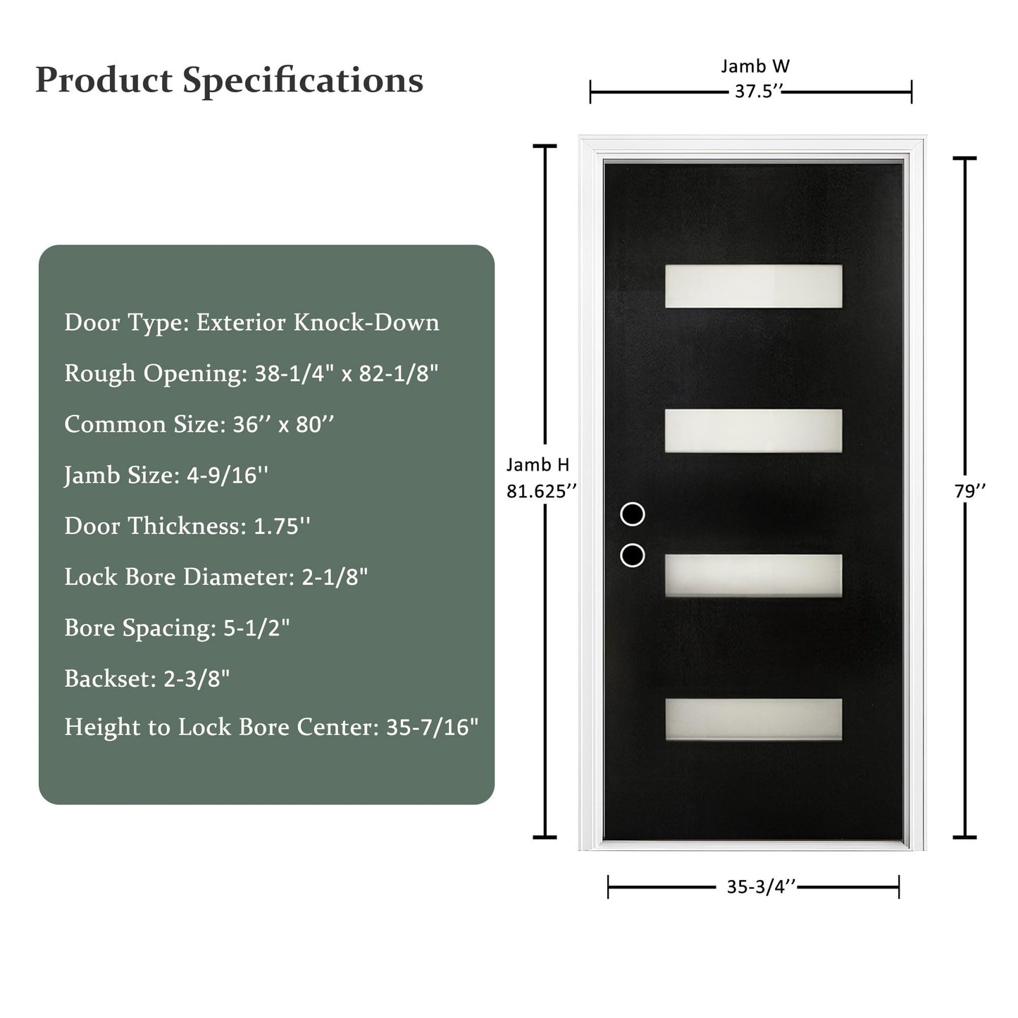 Fiberglass Entry Door 36x80'', French Exterior Door Right Hand Inswing Black Finished Frosted Glass Knock-Down Door, Vinyl Frame and Brickmould Included