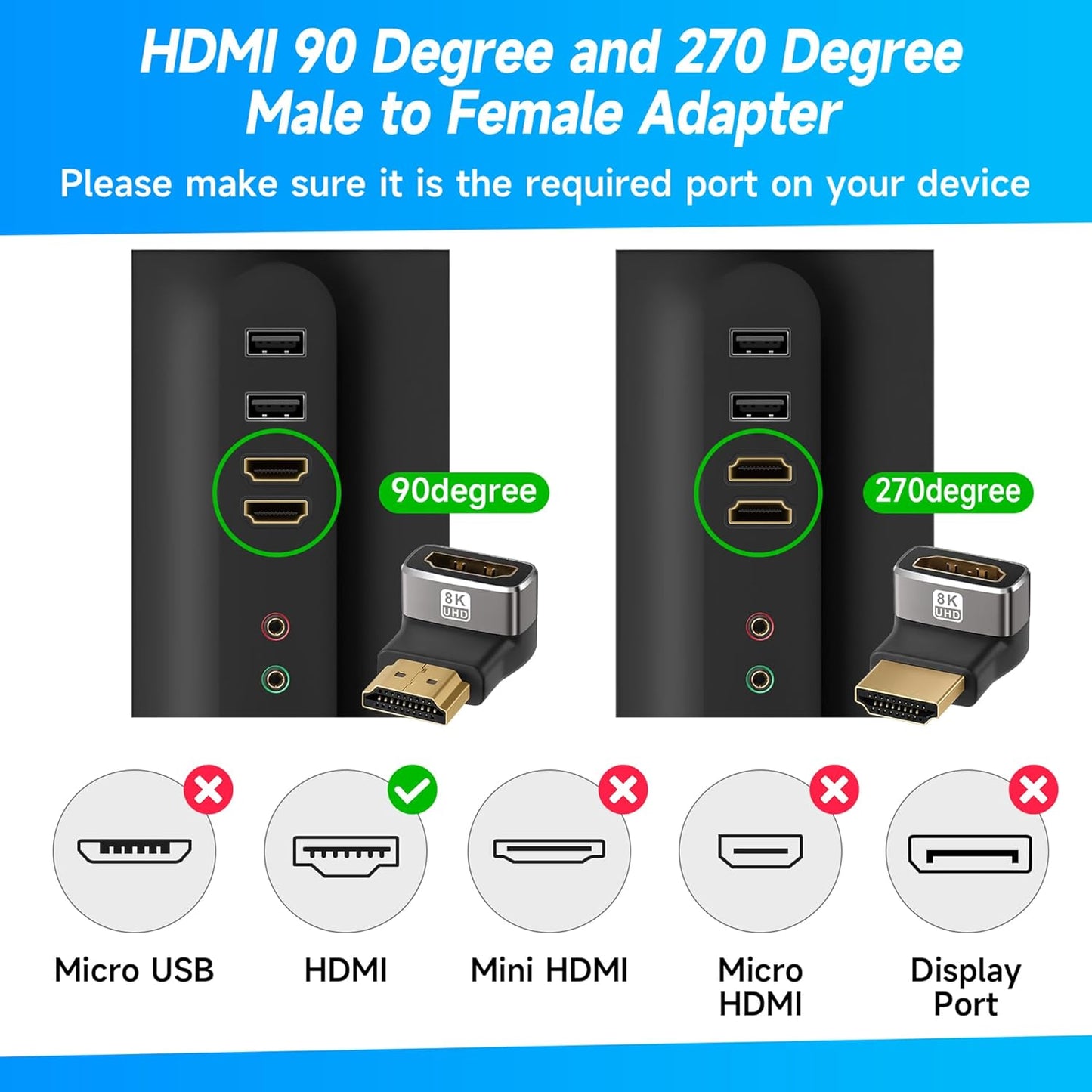 Togconn 8K 90 2.1 4 Pack, 8K@60Hz,4K@120Hz Degree HDMI Adapter (Up and Down) Right Angle HDMI Male to Female HDMI
