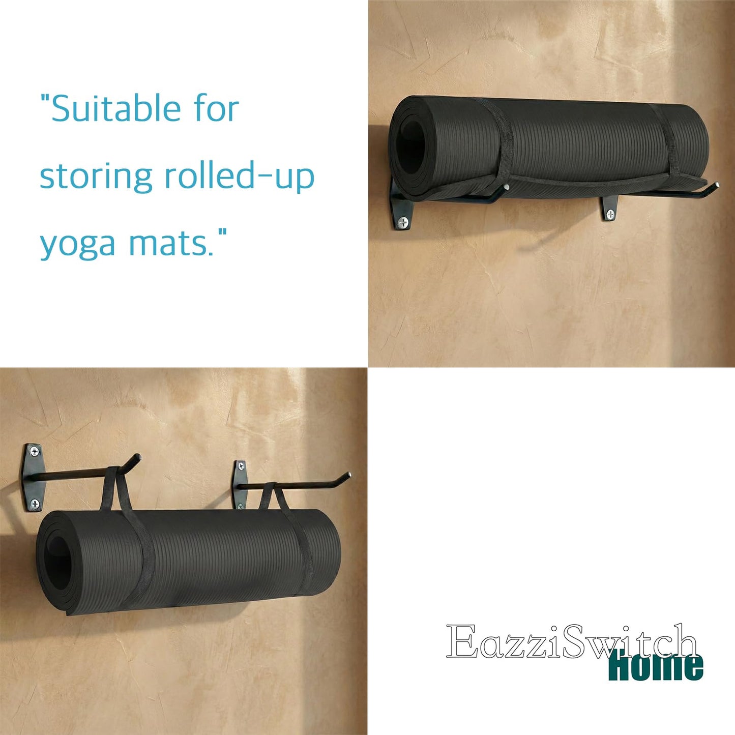 Yoga Mat Holder Wall Mount: 4 Pack Heavy Duty Metal Hooks & 12 PCS Clips for Yoga Mat (<5.5 lbs), Eyelet Mats, Foam Rollers & Gym Equipment Storage - Hanging Exercise Mat Rack & Organizer for Fitness Workout