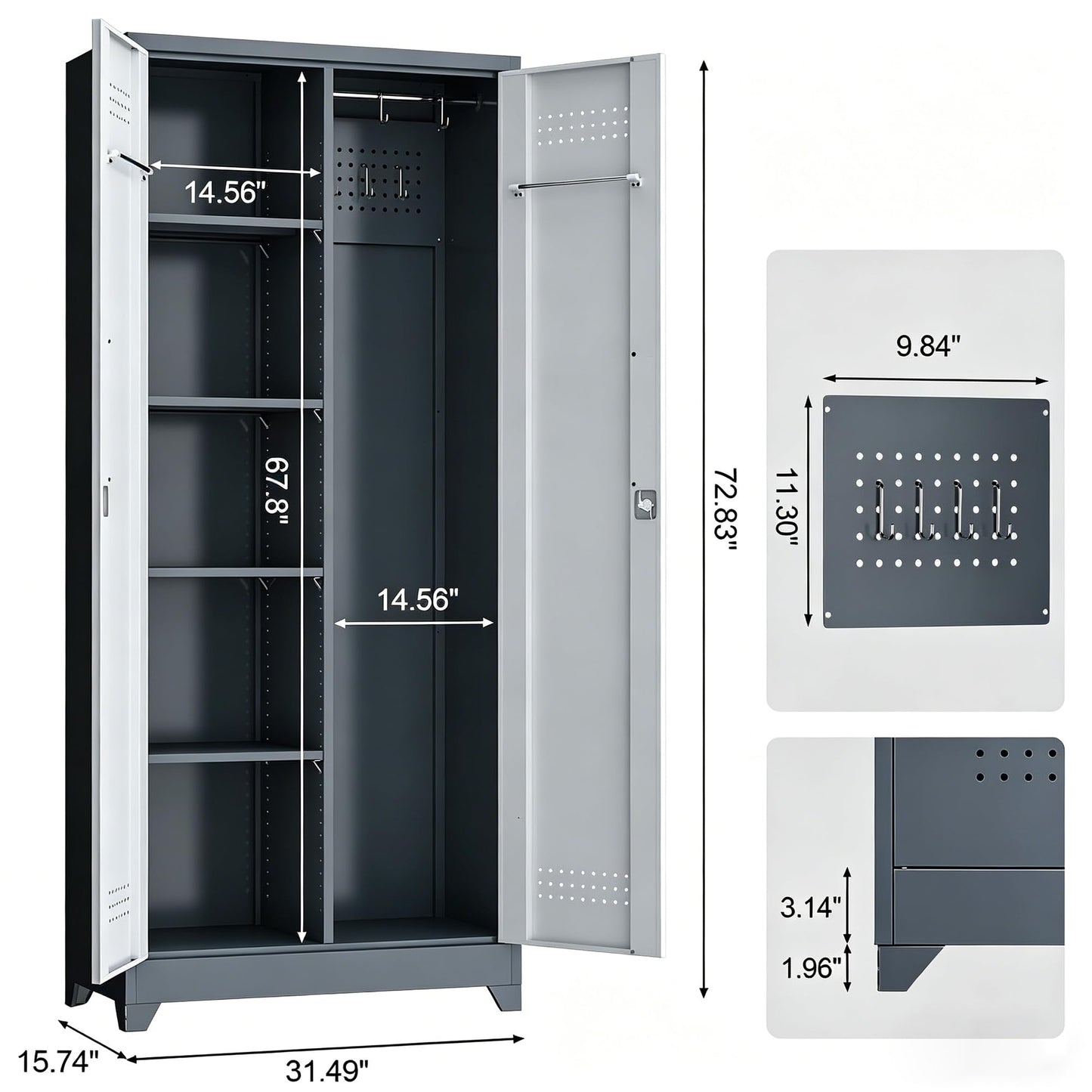 NICEGDLT Metal Storage Cabinet 72" Tall, Garage Storage Cabinet with Lockable Doors & Shelves, Utility Broom Closet, Steel Tool Cabinet for Garage, Laundry Room, Home Office, Grey/White