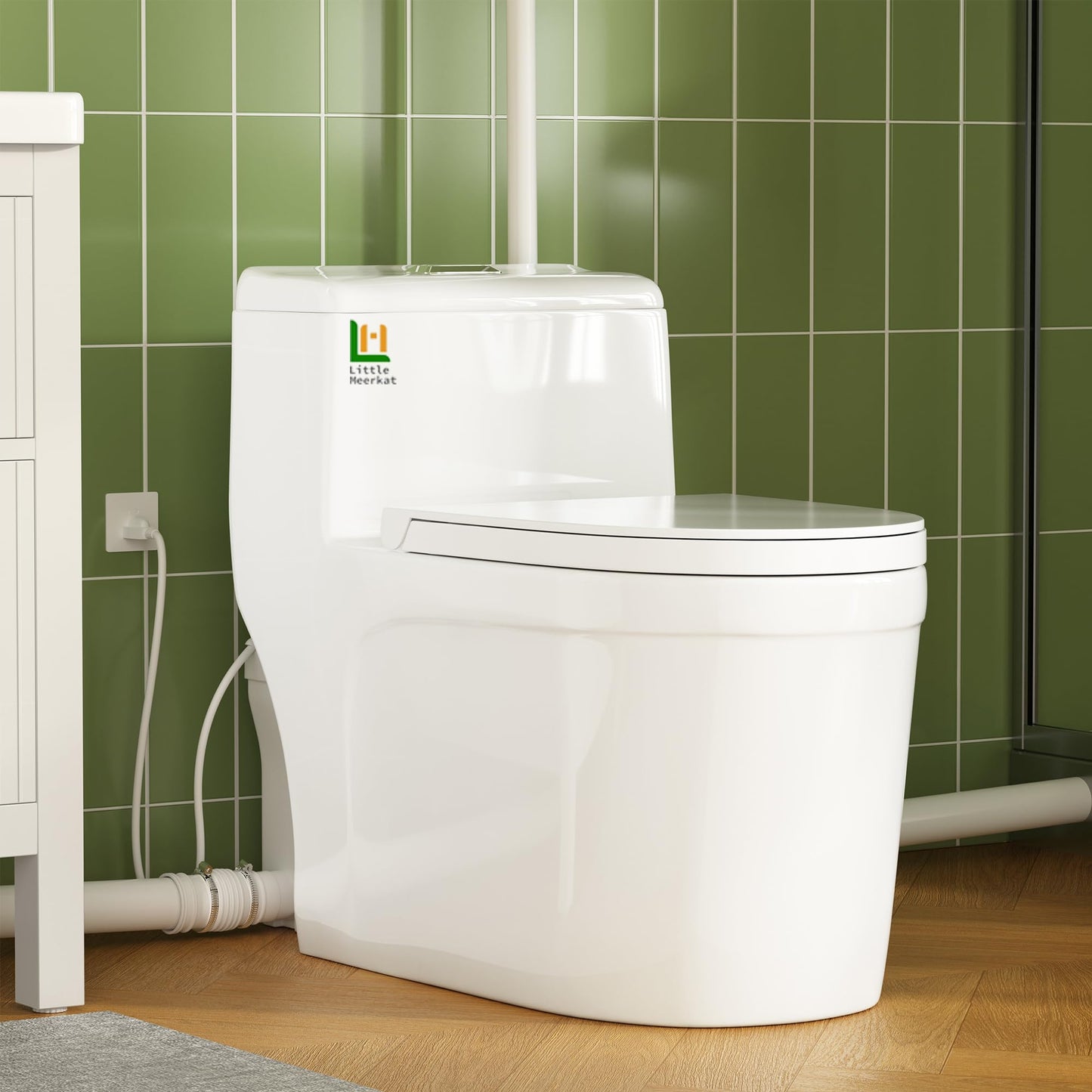 Little Meerkat 600w Macerating Toilet System, One-Piece 16" Upflush Toilet Toilet with Pump for Basement, Powerful & Quiet Upflush Toilets with 3 Water Inlet & Ac Vent, Easy Install, Space Saving