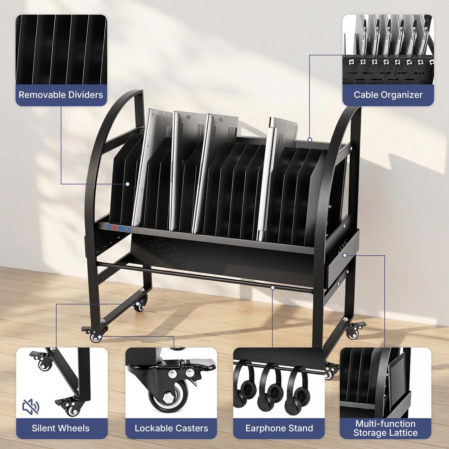 CXRCY 18-Device Mobile Open School Charging Cart Station for Ipads, Chromebooks | Open Design with Dividers| Portable Charging Stand| Devices up to 14" | for Schools, Offices, Training institutions