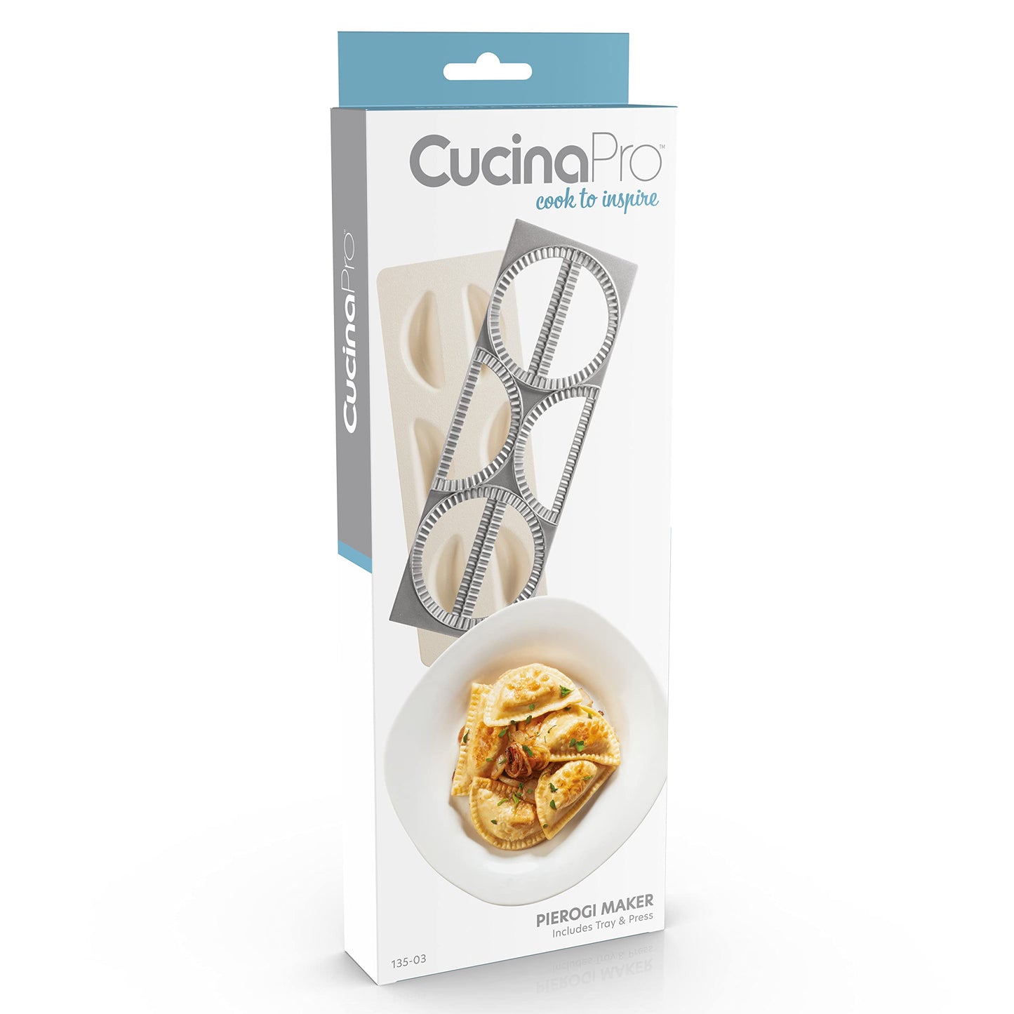 CucinaPro Pierogi Maker w Tray & Press- Make 6 Pierogis, Dumplings, Empanadas, Potstickers or Pastry at Once- Stainless Steel Durable Construction, Portable Set Easy to Use- Homemade Cooking Essential