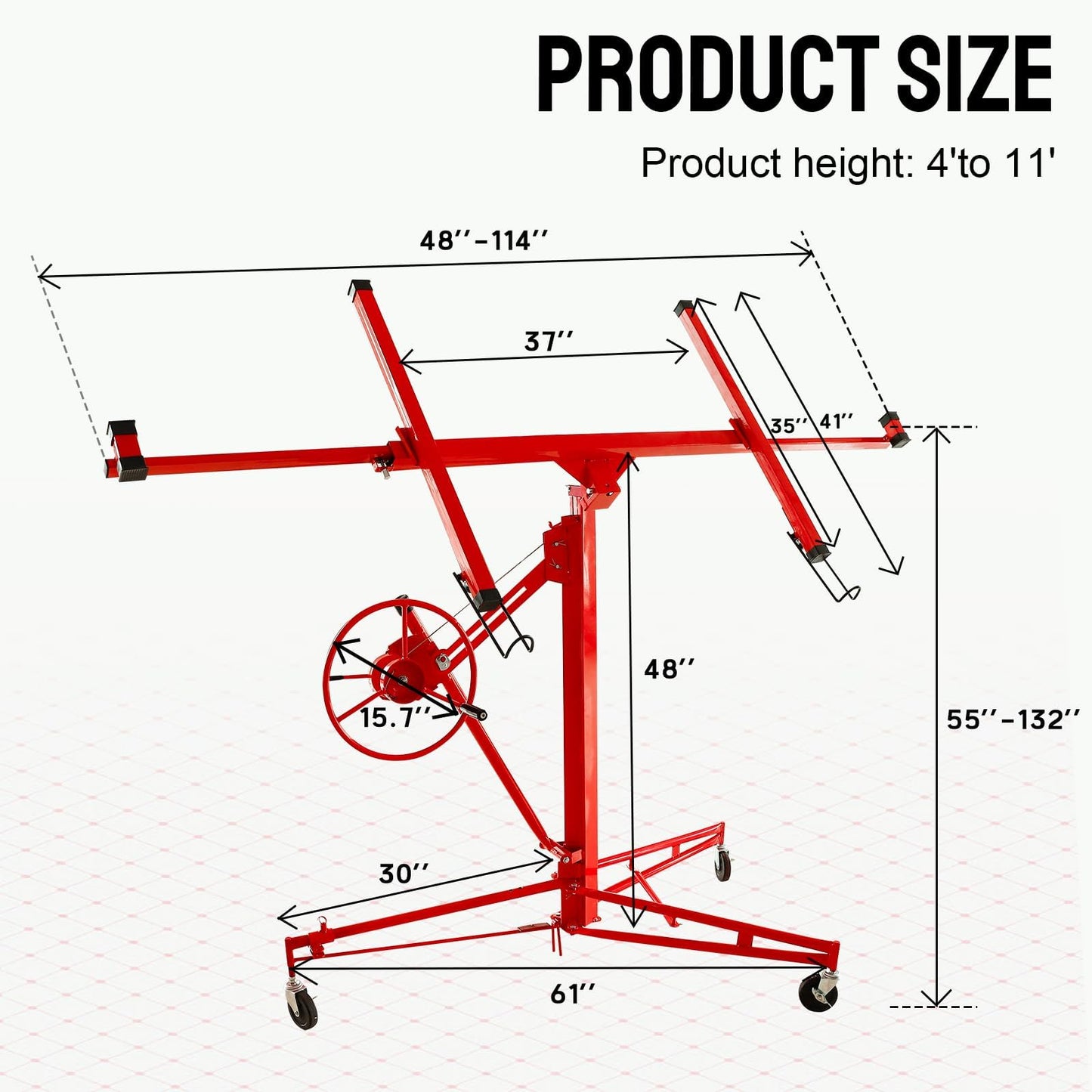 150LBS Heavy Duty Rolling Lifter Panel Perfect for Both Home & Commercial, 11FT Sheetrock Hoist Holder with Caster Construction Lockable Tool（Red）