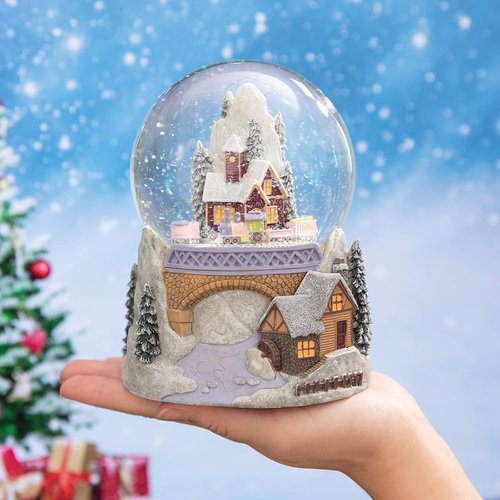 Castle Snowy House Snow Globe - Color Changing Lighting & Revolving Train | Winter Wonderland Decor
