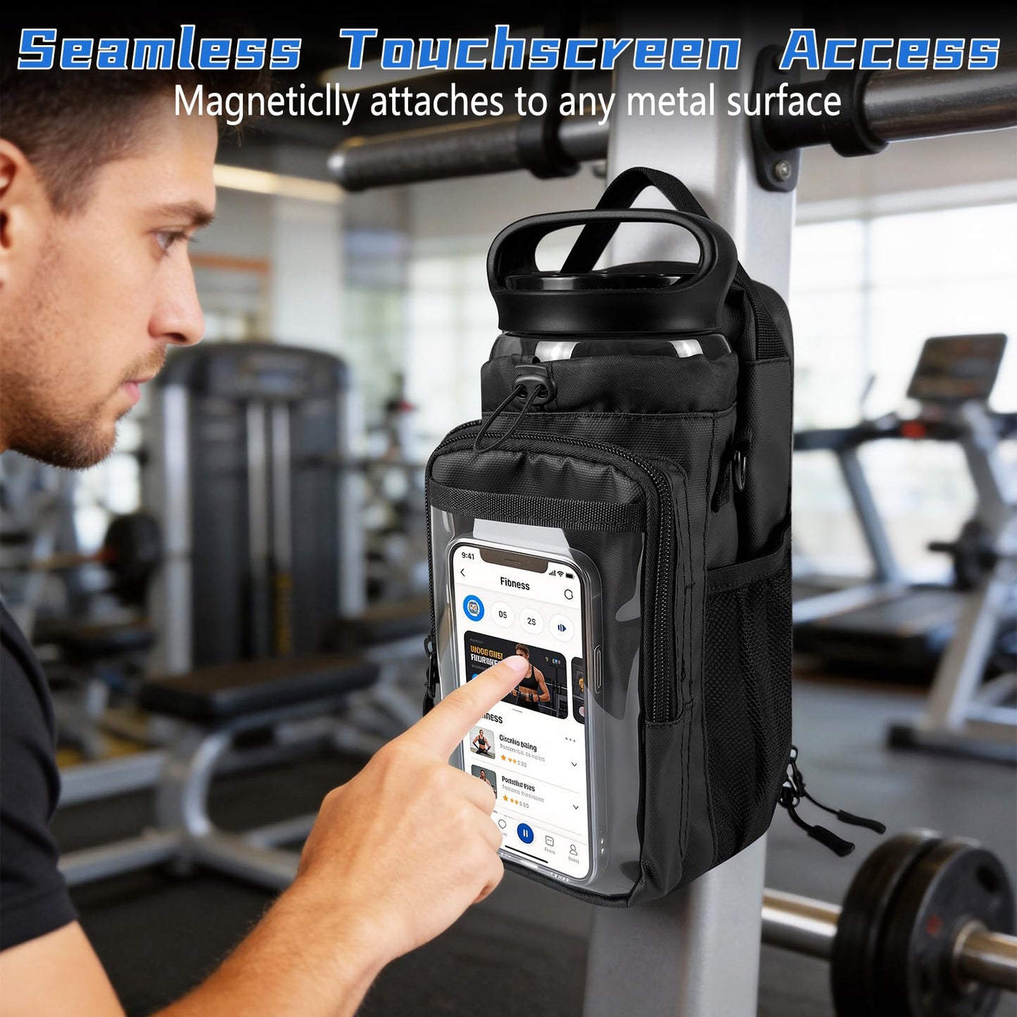 JACZZO Magnetic Gym Bag, Magnetic Gym Water Bottle Bag with Strap 4 Strong Magnets, Upgraded Clear Design Phone Bag, Gym Gifts for Men & Women Gym accessories (Black)