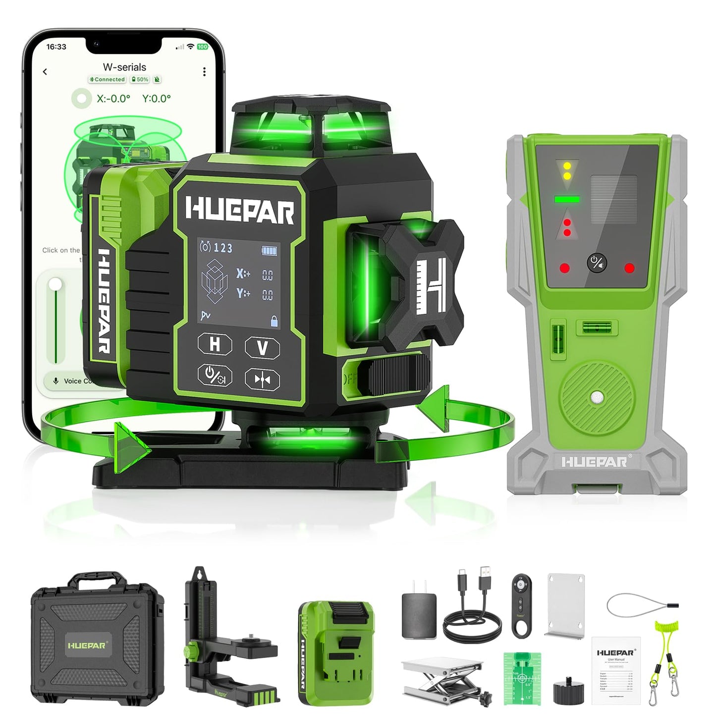 Huepar W04CG 4D Laser Level with Receiver for Outdoor or Longer Distance Use, Up to 400 ft, 4x360° Self Leveling Green Lazer Leveler Tool for Construction, Tiling, Framing, Drop Ceiling, Floor etc.