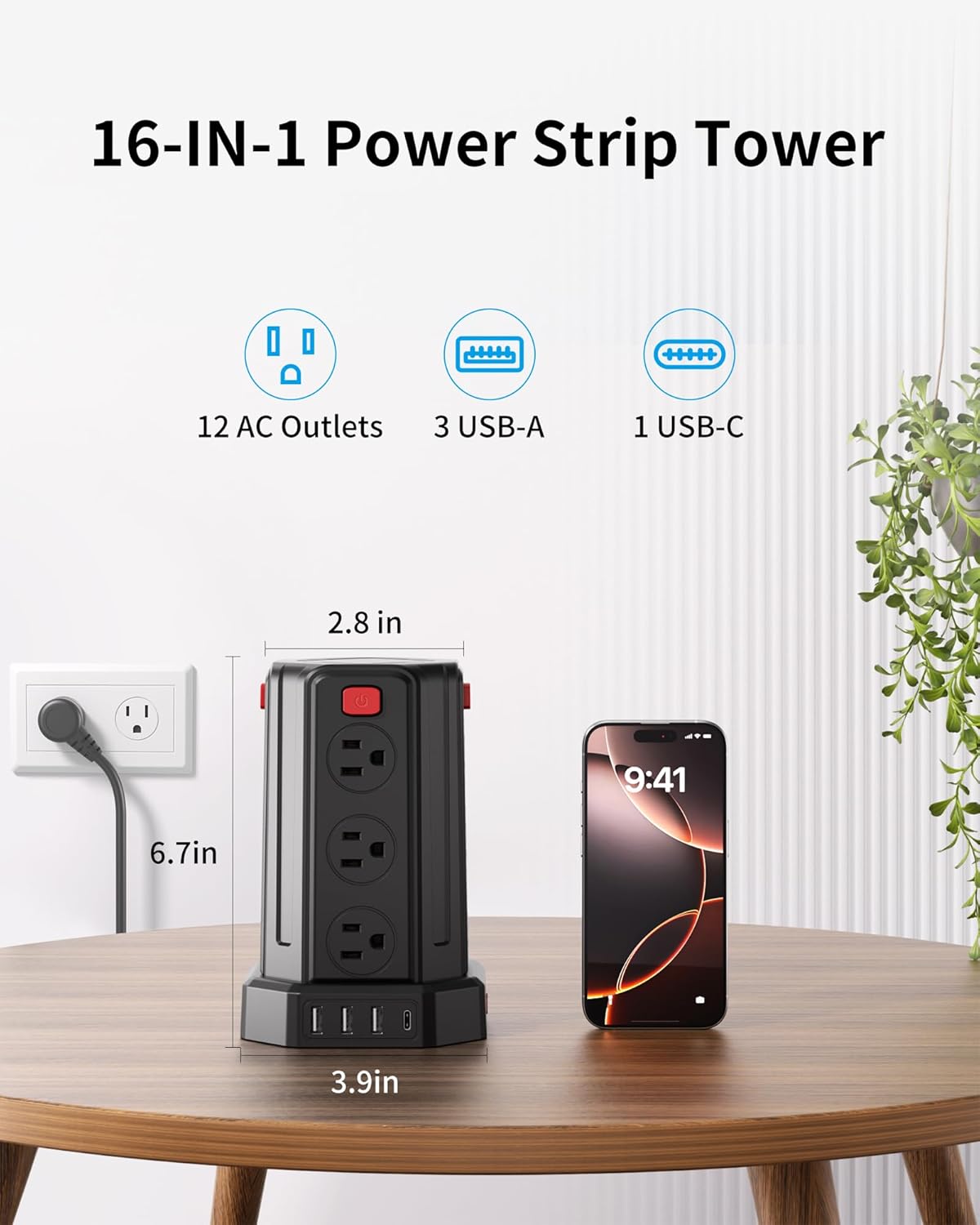 SMALLRT 6.5 12 4 (1 6.5 Power Strip Surge Protector, Ft Extension Cord with AC Multiple Outlets USB USB C), Power Tower