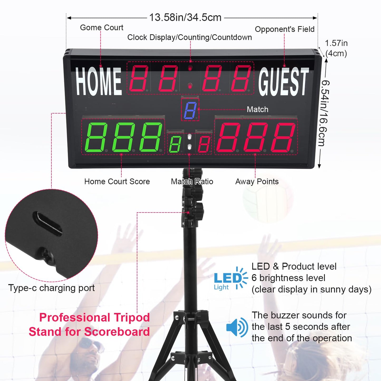 Samshow 2025 LED Electronic Scoreboard Digital Score Keeper with Remote & Tripod, Basketball Scoreboard with Shot Clock & Timer & 12/24h Real Time for Outdoor Yard Games/Corn Hole/ping Pong/Pickleball