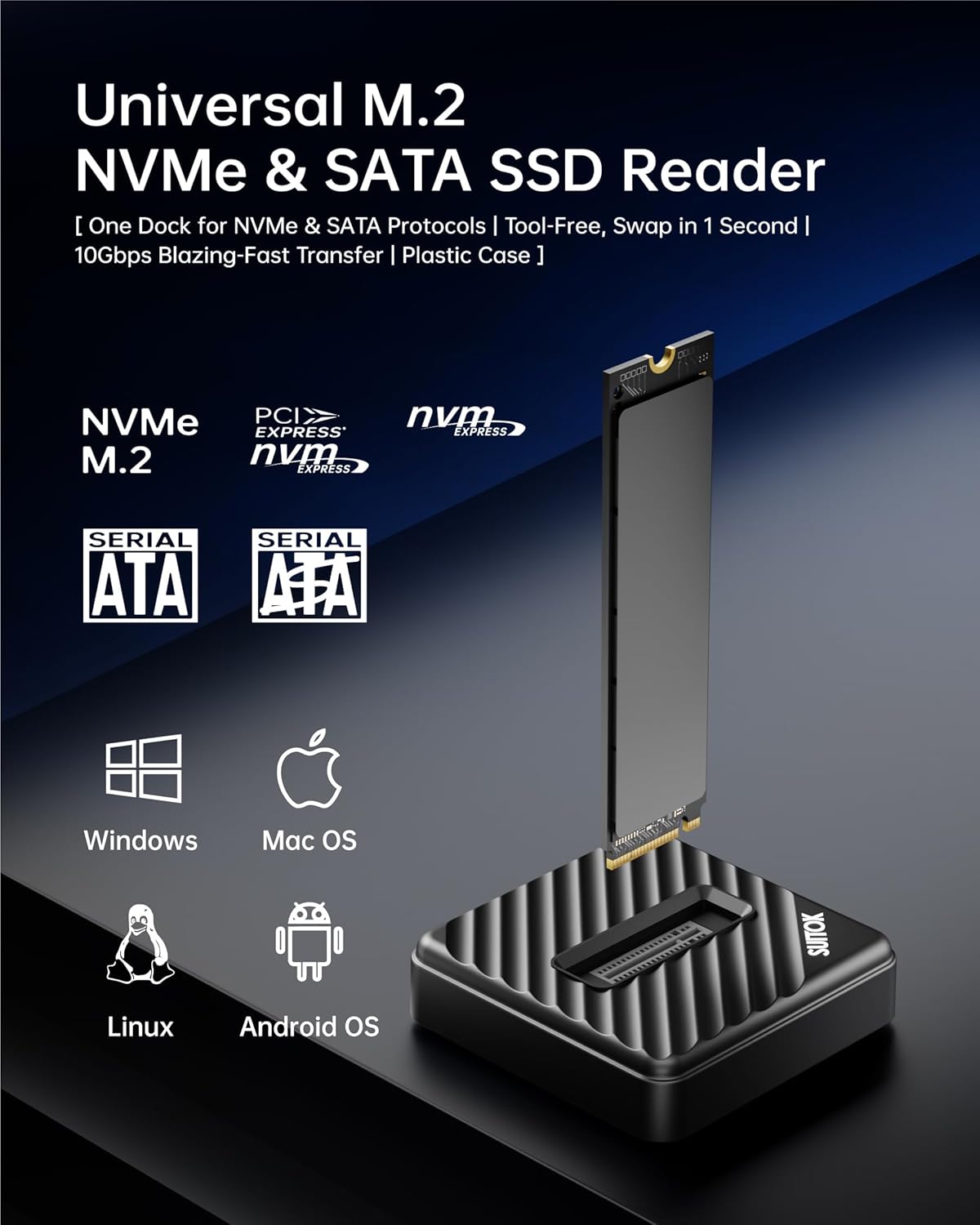 SUITOK M.2 10Gbps M2 22110 2280 2260 2242 2230 NVMe SATA SSD Reader with Storage Box, to USB A to C Adapter