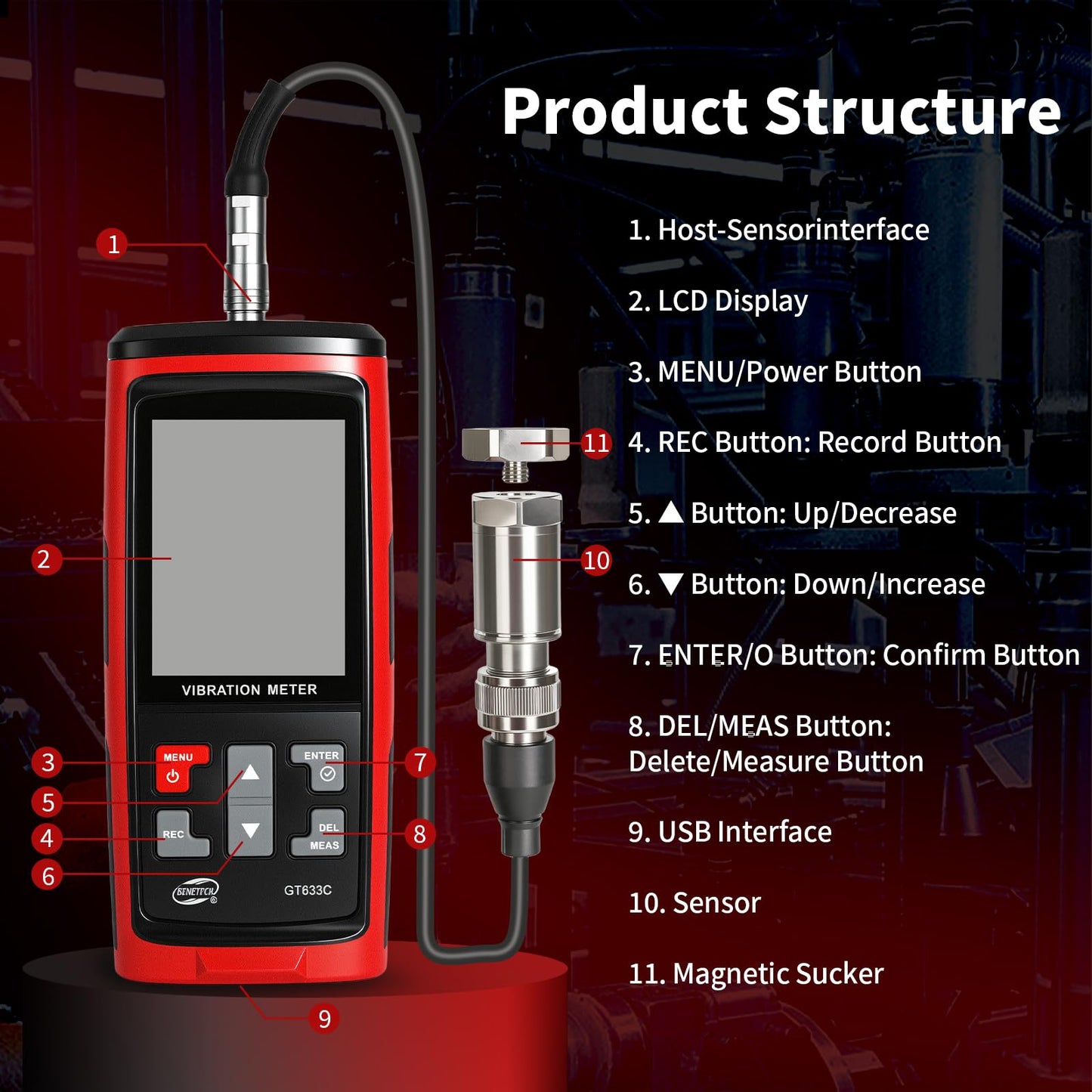 CHENNTAI Portable Digital Vibration Meter, with TFT Smart Screen 397000 Data Storage for Accurate Measurement of Acceleration Velocity Displacement Frequency Temperature