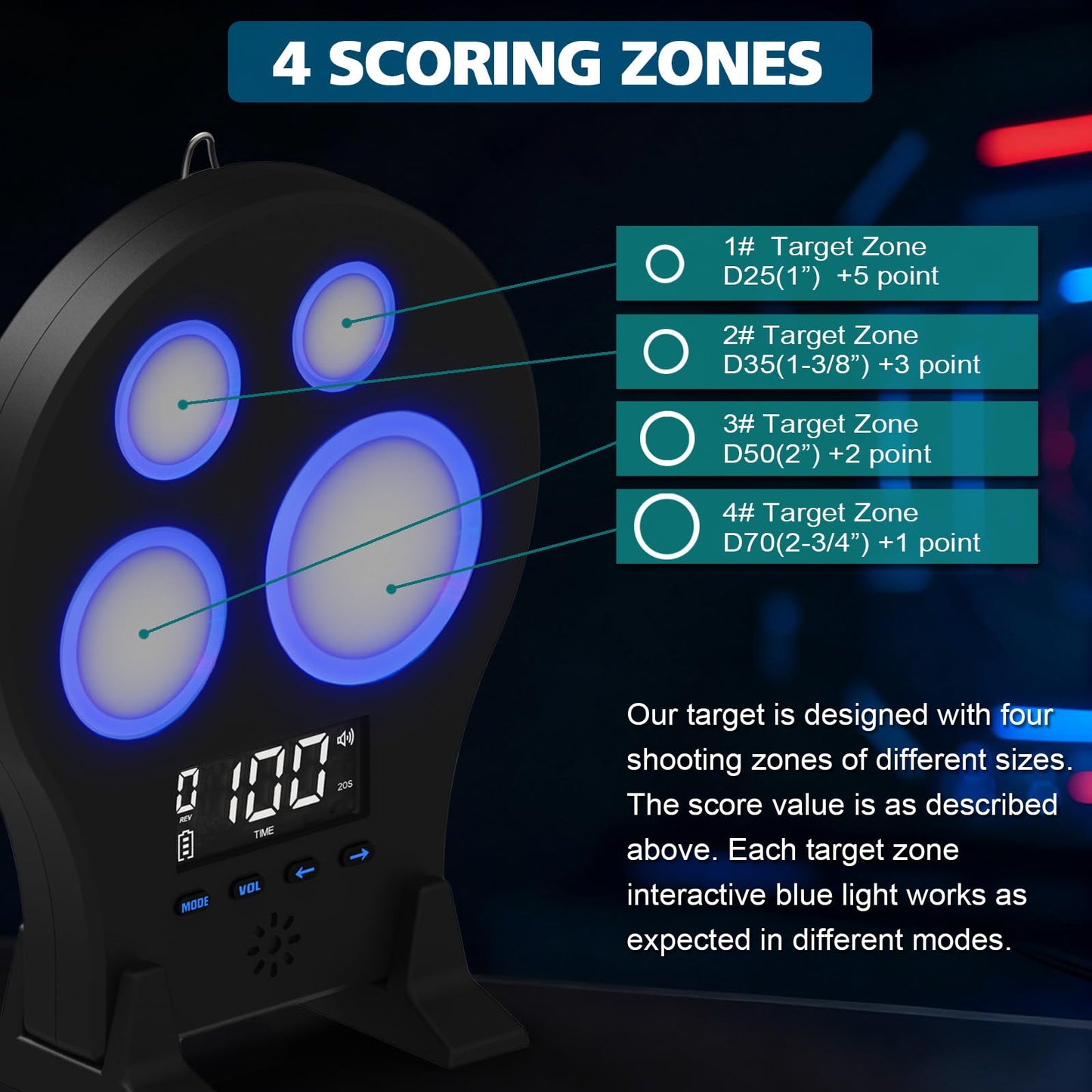 Laser Training Target M-Target - Four-Zone Dry-Fire Training System for Indoor Shooting Practice, with Three Modes, History Record & Portable Case