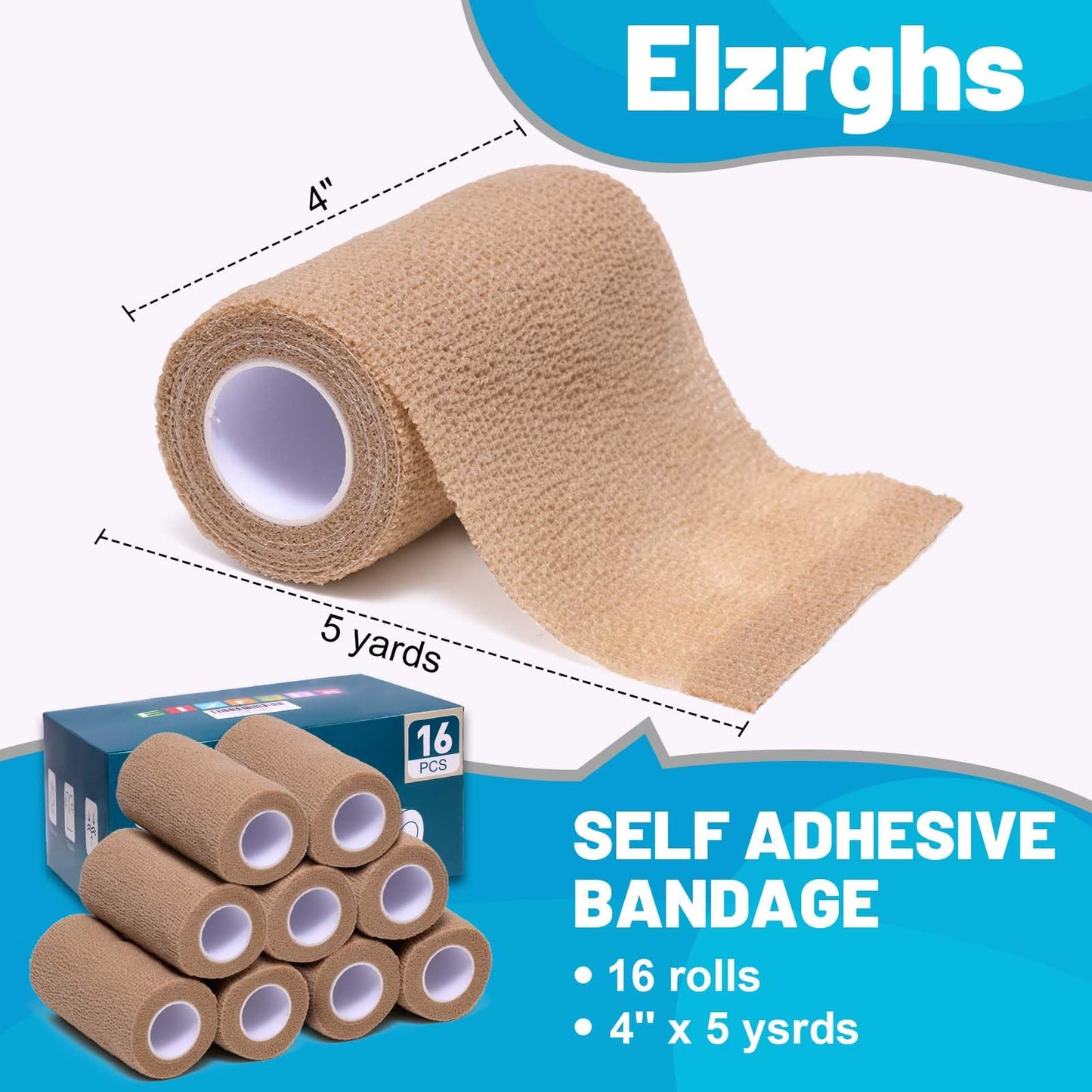 Elzrghs Self Adhesive Bandage Wrap, 16 Pack, 4" x5 Yards, Elastic Cohesive Bandage, Stretch Athletic Tap Wrap, Vet Wrap, Skin Color