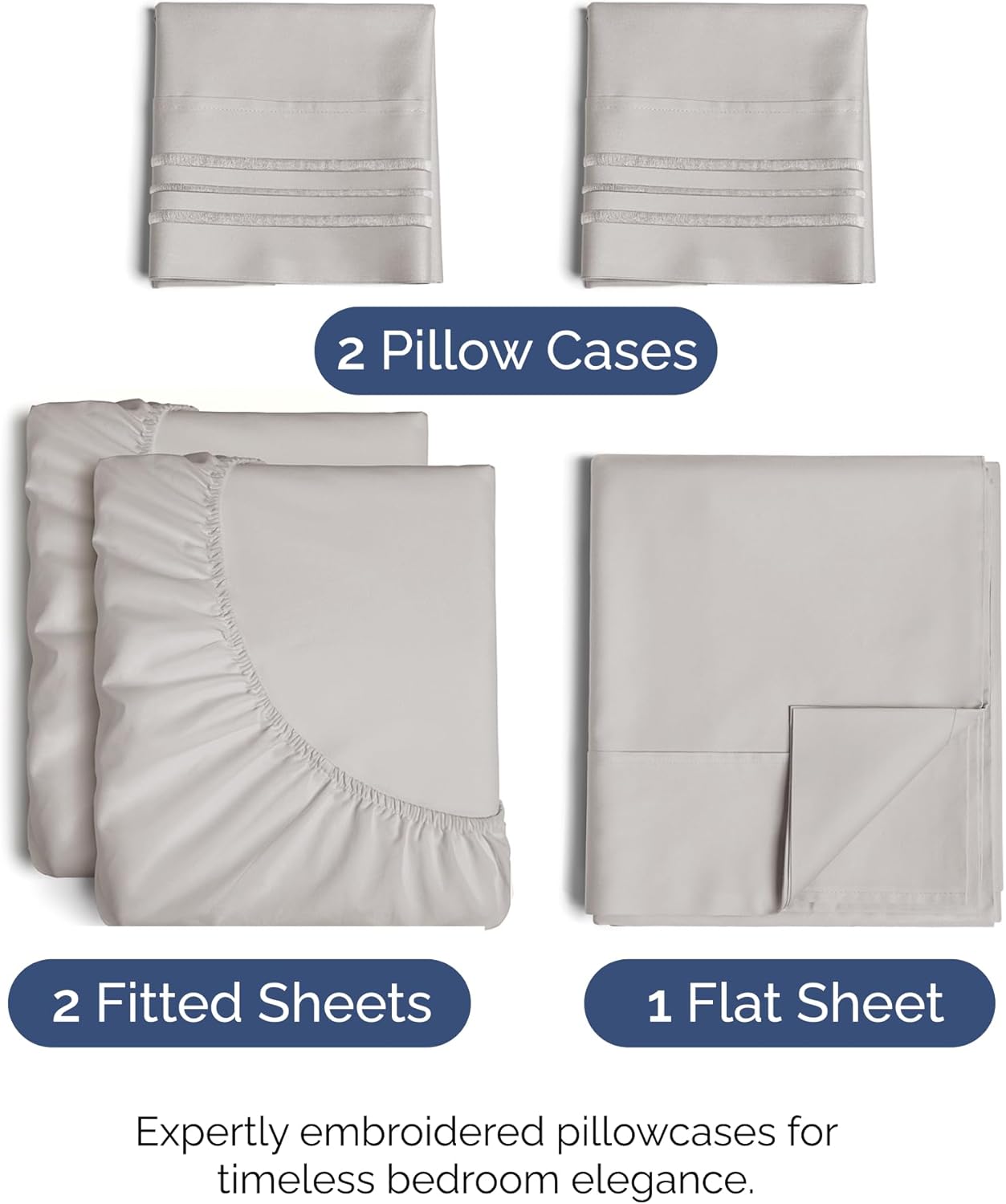 Split King Size 5-Piece Sheet Set - Comfy Cooling Bed Sheets for Luxurious Sleep - Oeko-Tex Certified - Light Grey