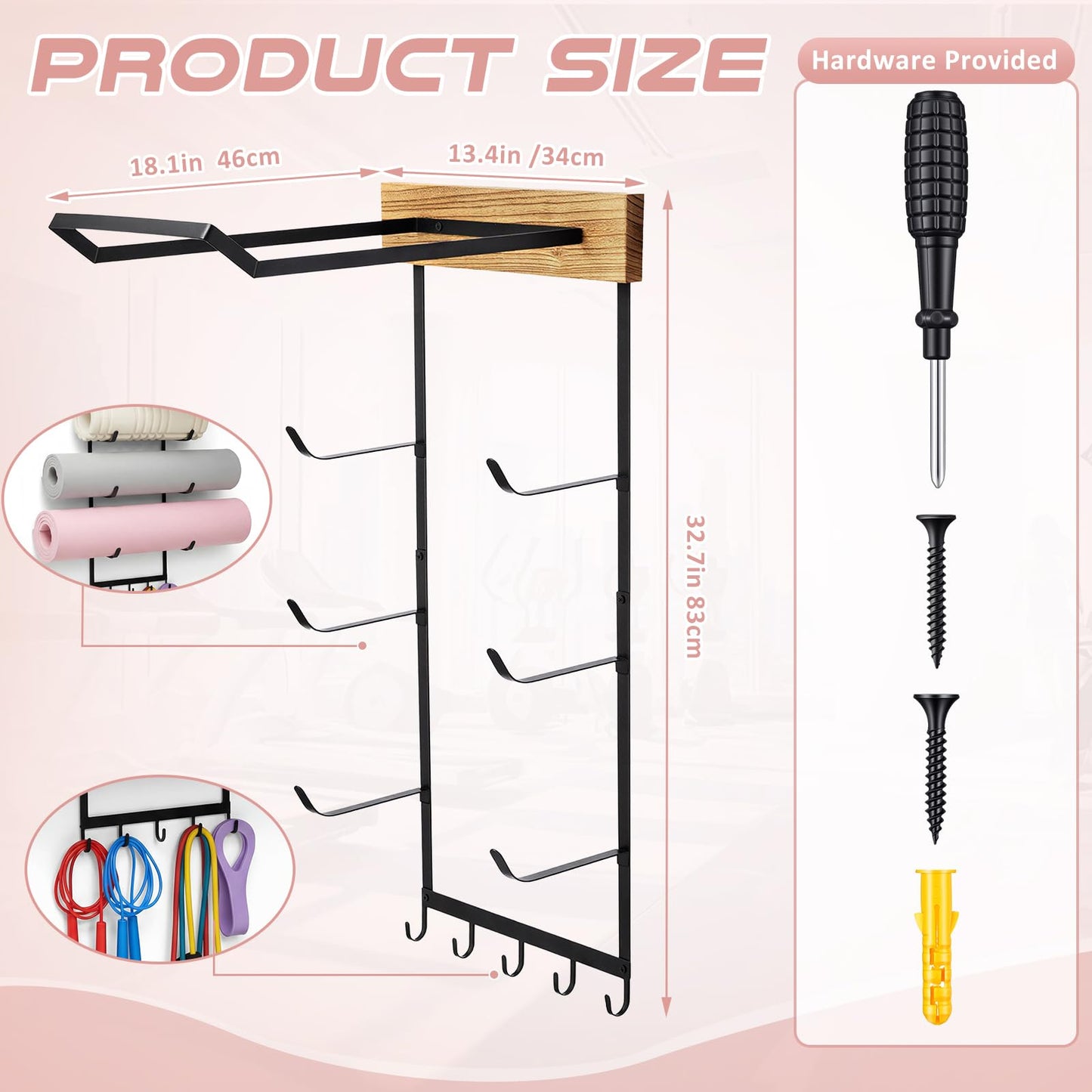 Geelin Yoga Mat and Ball Holder Wall Mount, 4-Tier Yoga Mat & Ball Storage Rack, Home Gym Organizer, Black Metal Floating Shelf for Hanging Foam Rollers & Resistance Bands(5 Hooks Style,Wood Color)