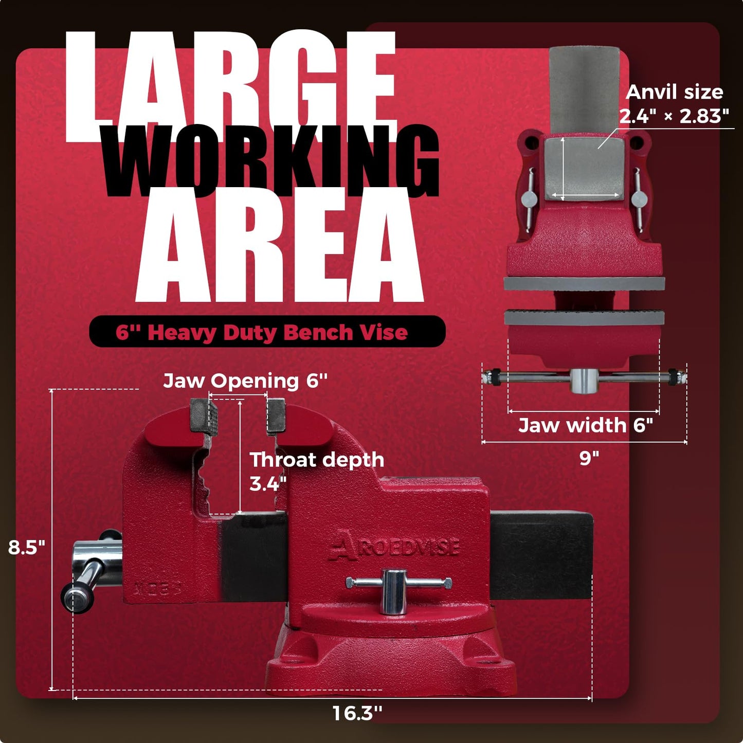 AROEDVISE 6" Heavy-Duty Bench Vise, 6" Jaw Width & Opening, 8,820 lbs Clamping Force, 60,000 PSI Ductile Iron Vise with 360° Swivel Base, Anvil & Pipe Jaws for Metalworking, Woodworking & DIY (RS60)
