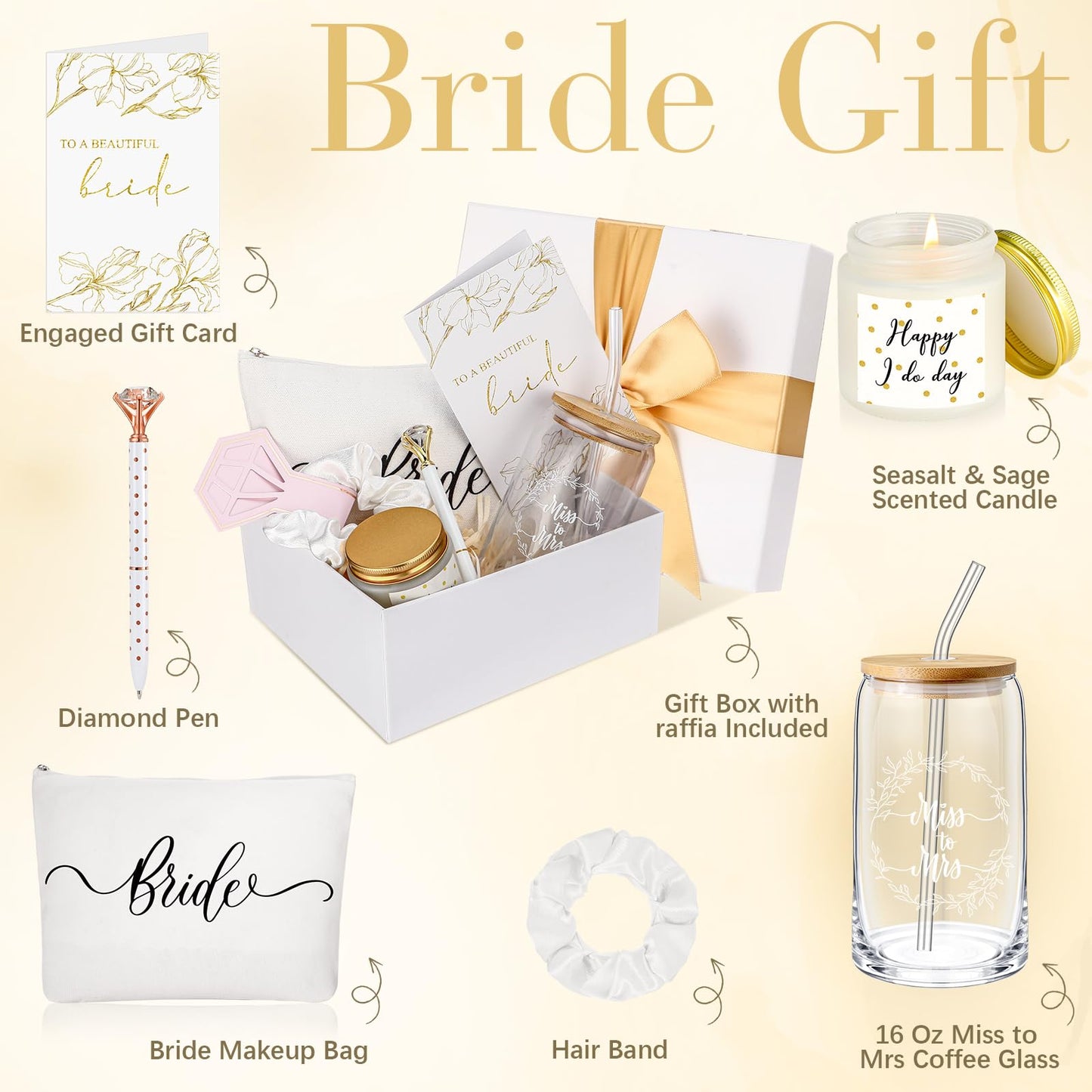 Irenare Wedding Gifts Bride Bridal Shower Gift Including Mrs Can Shaped Drinking Glass with Straw Makeup Bag Crystal Pen Scented Candle Scrunchies Raffia Card Gift Box for Engagement Party(White)